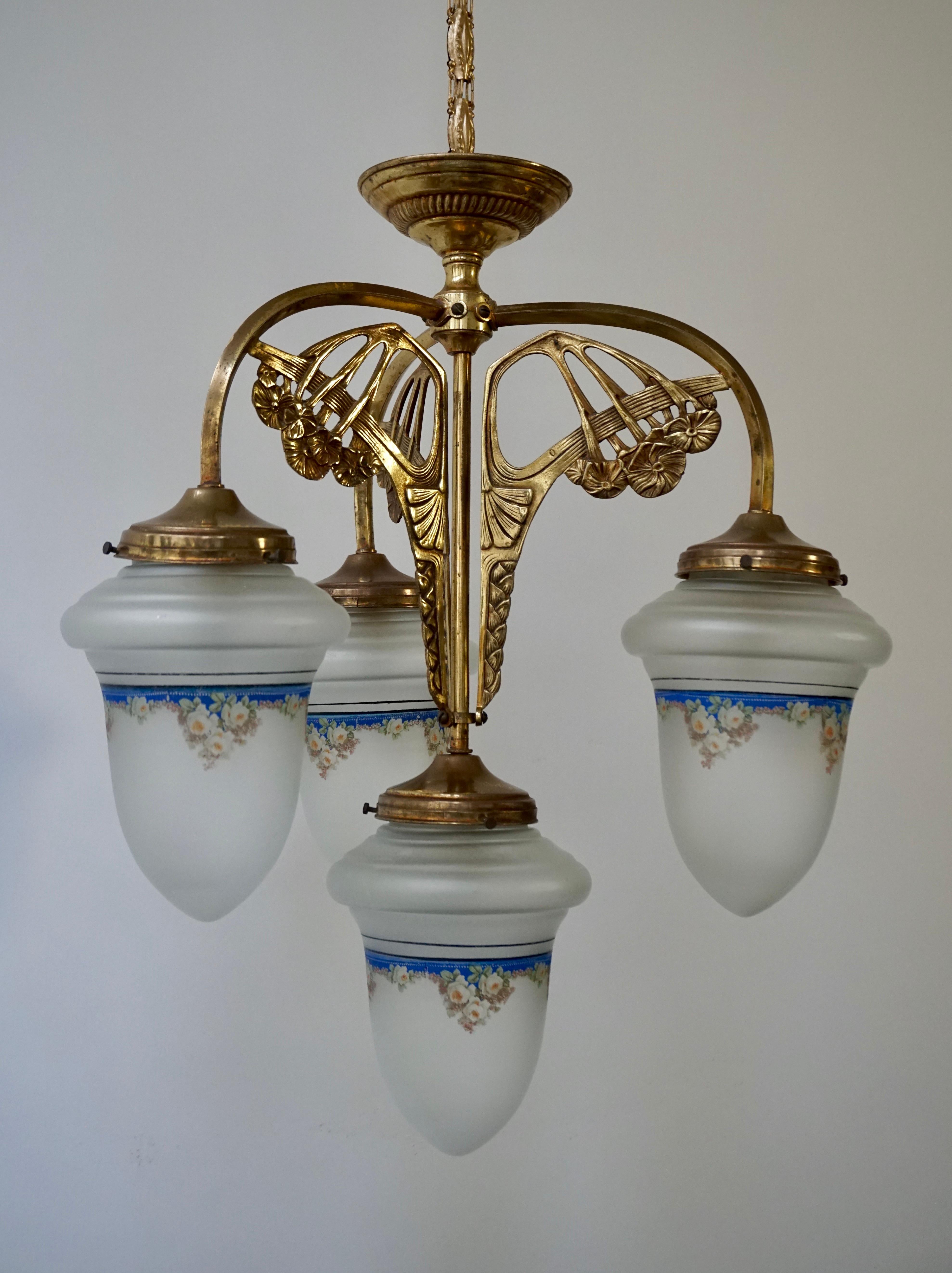 Hollywood Regency Art Nouveau Chandelier in Painted Glass and Brass For Sale