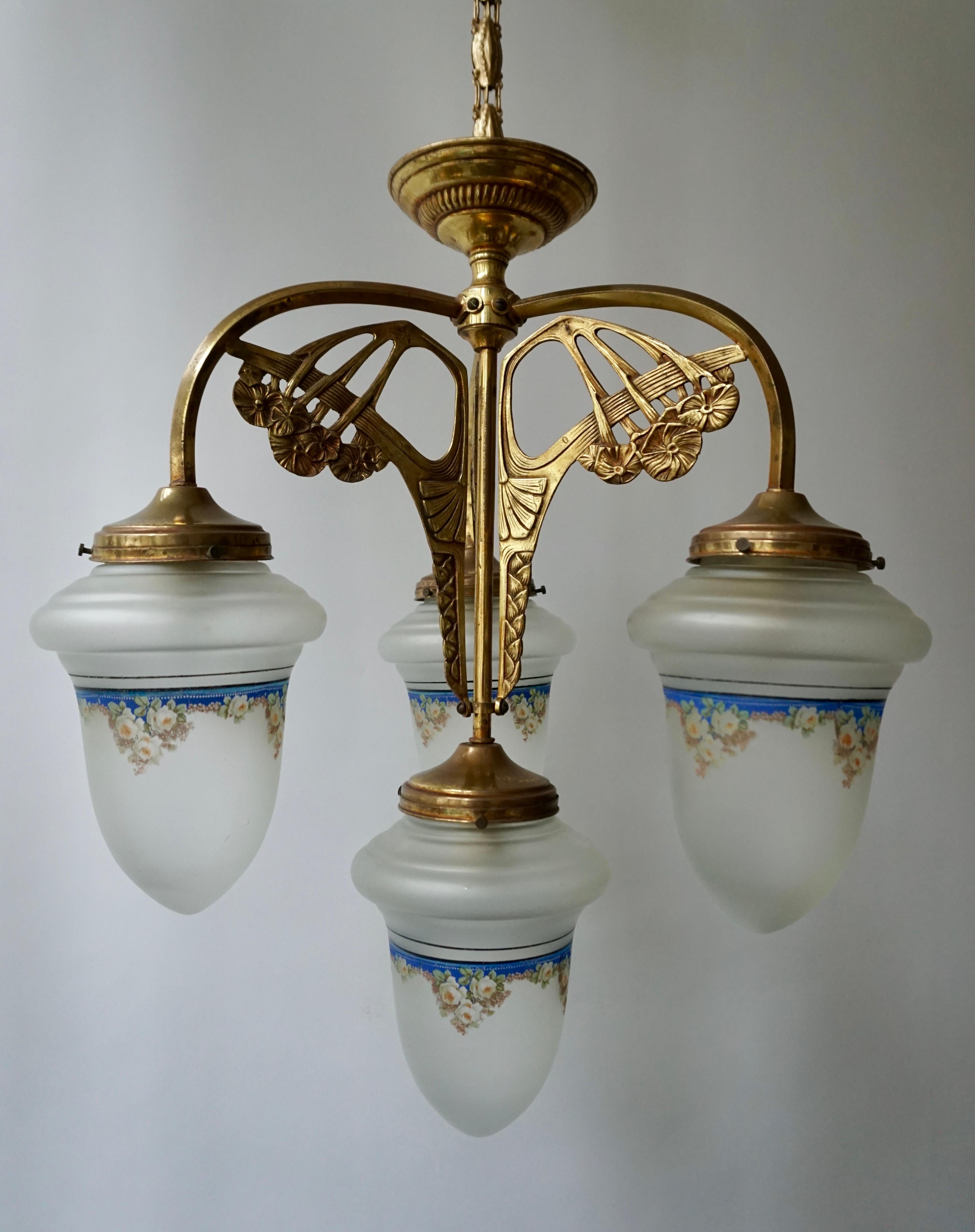 Italian Art Nouveau Chandelier in Painted Glass and Brass For Sale