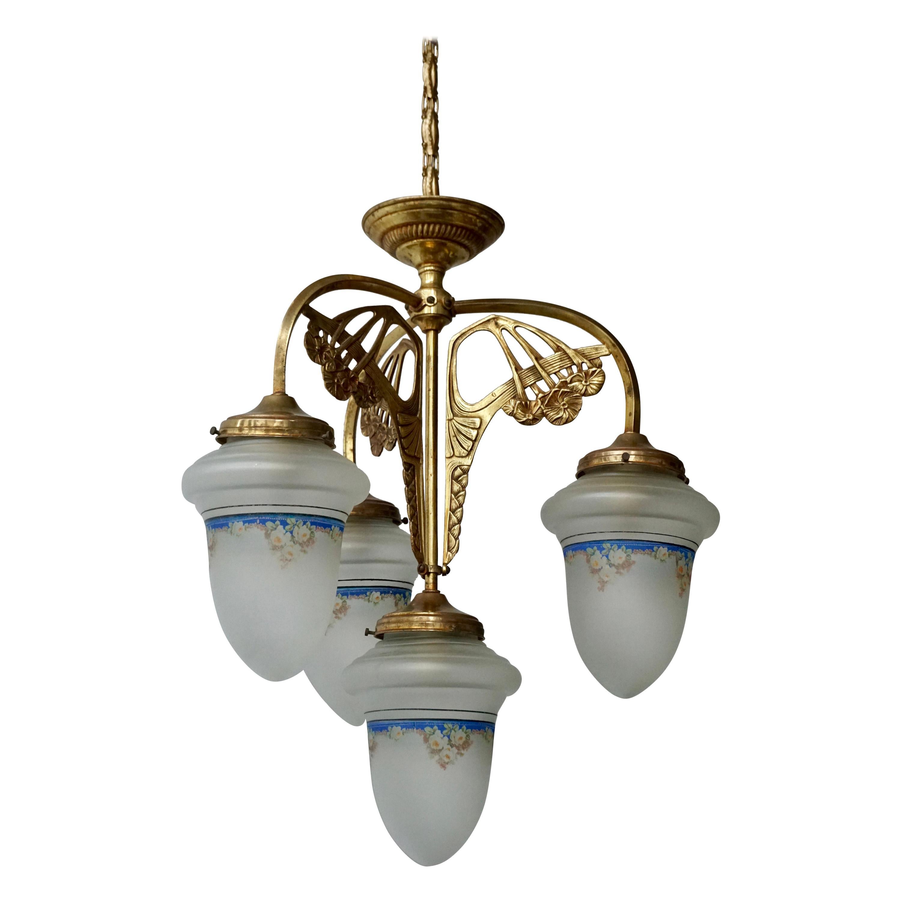 Art Nouveau Chandelier in Painted Glass and Brass For Sale