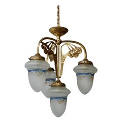 Antique Art Nouveau Chandelier in Painted Glass and Brass