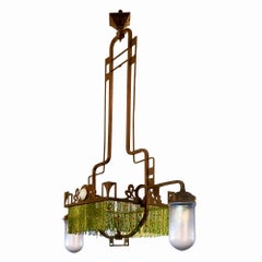 Art Nouveau Chandelier In Brass With Glass Tulips And Beads - Italy, 1900