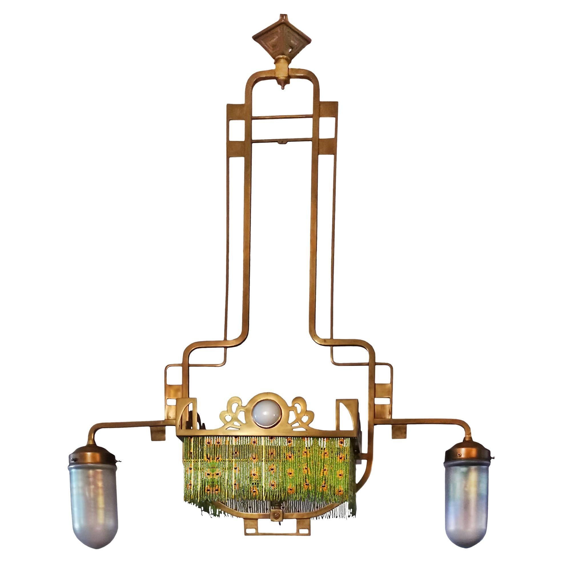 Art Nouveau Chandelier In Brass With Glass Tulips And Beads - Italy, 1900