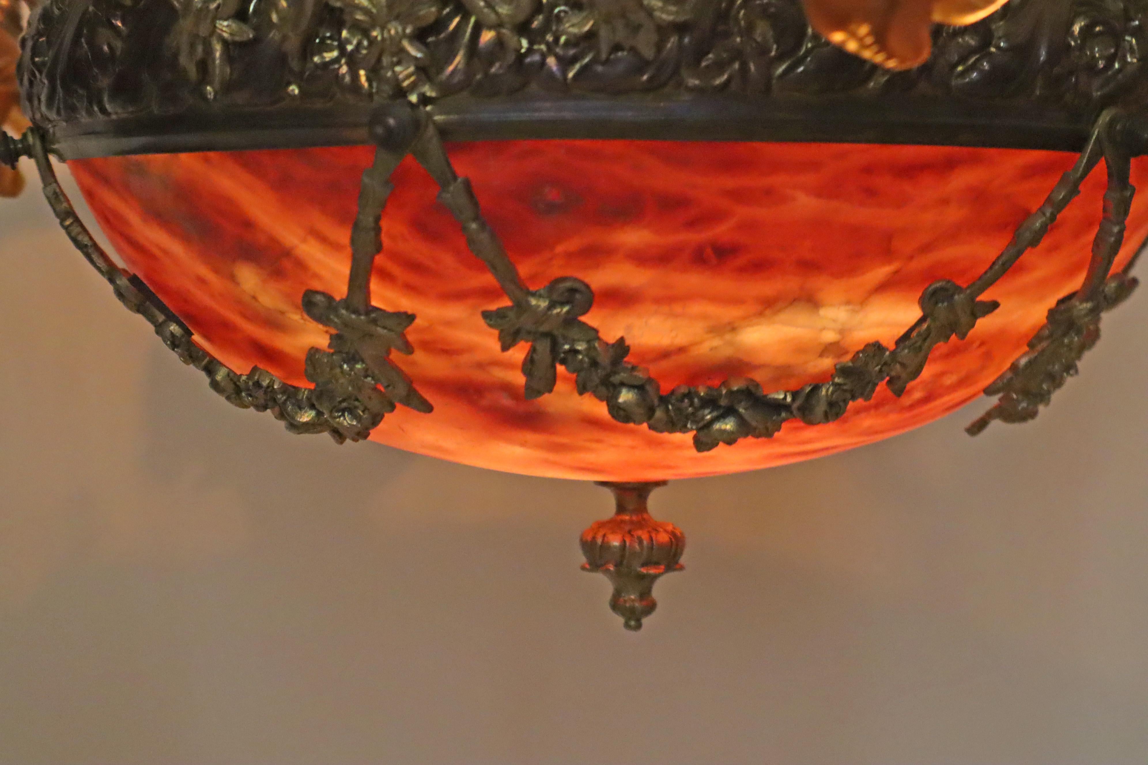 Art Nouveau Chandelier Made of Amber Alabaster and Glass Flowers, France For Sale 3
