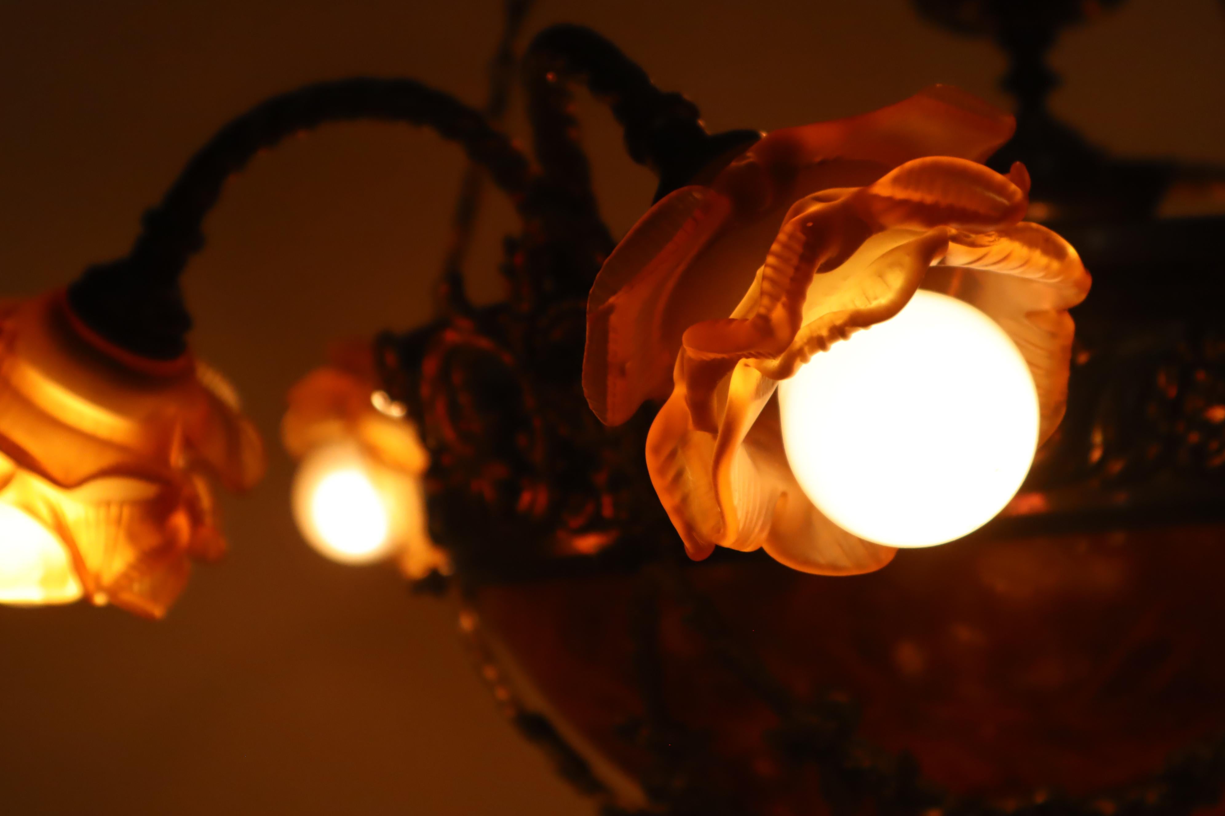 Art Nouveau Chandelier Made of Amber Alabaster and Glass Flowers, France For Sale 10