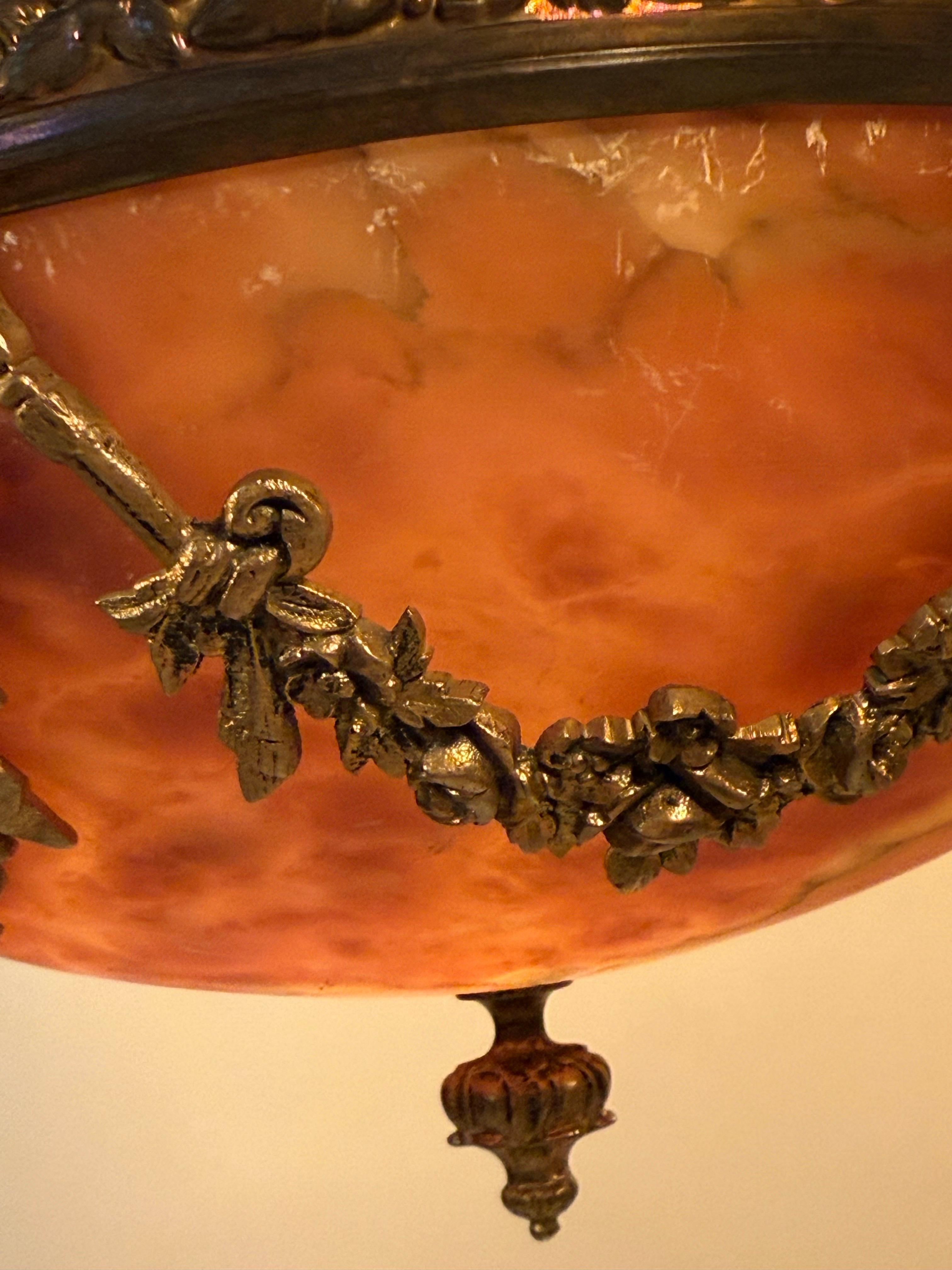 Art Nouveau Chandelier Made of Amber Alabaster and Glass Flowers, France For Sale 14