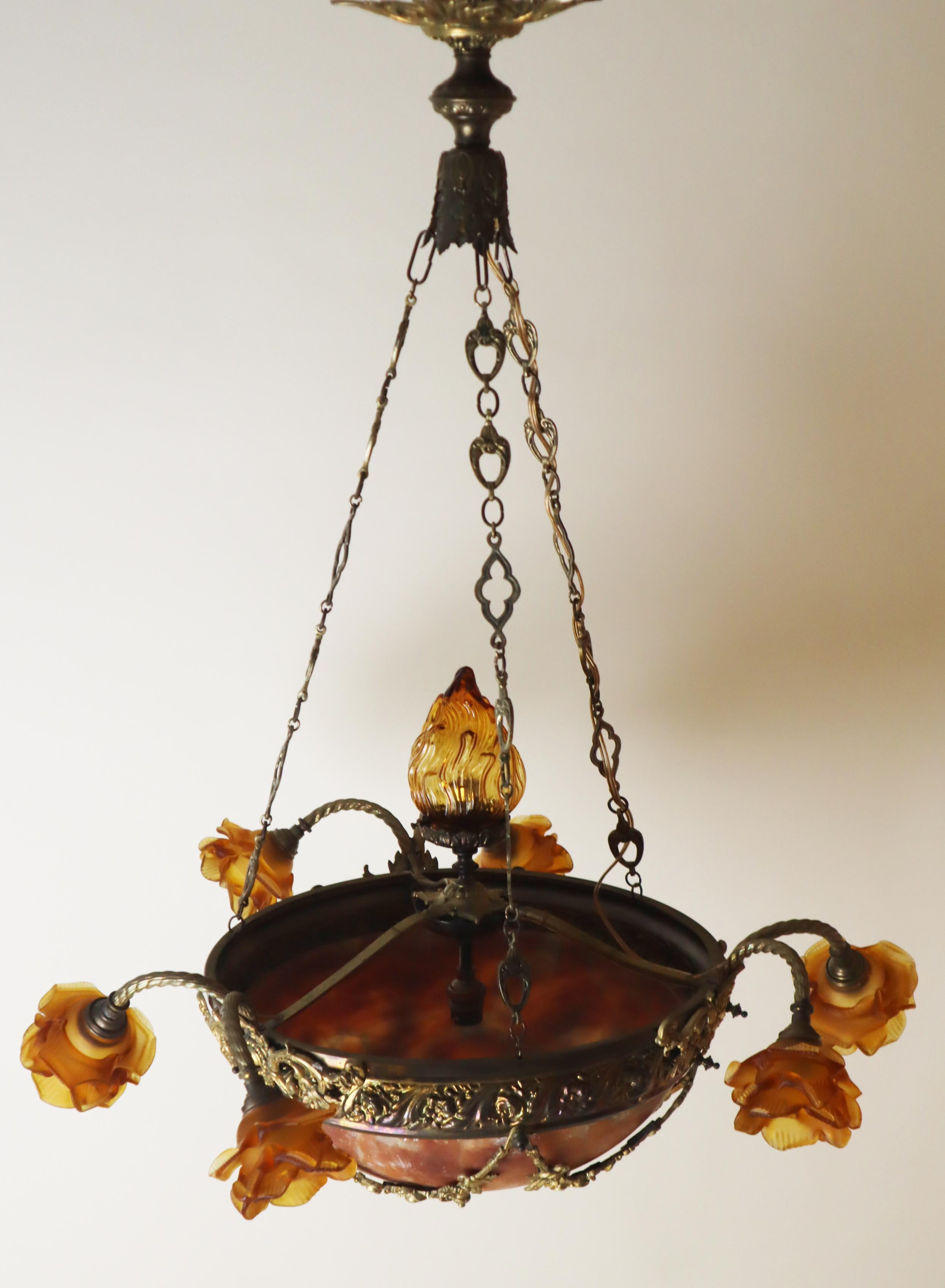 French Art Nouveau Chandelier Made of Amber Alabaster and Glass Flowers, France For Sale