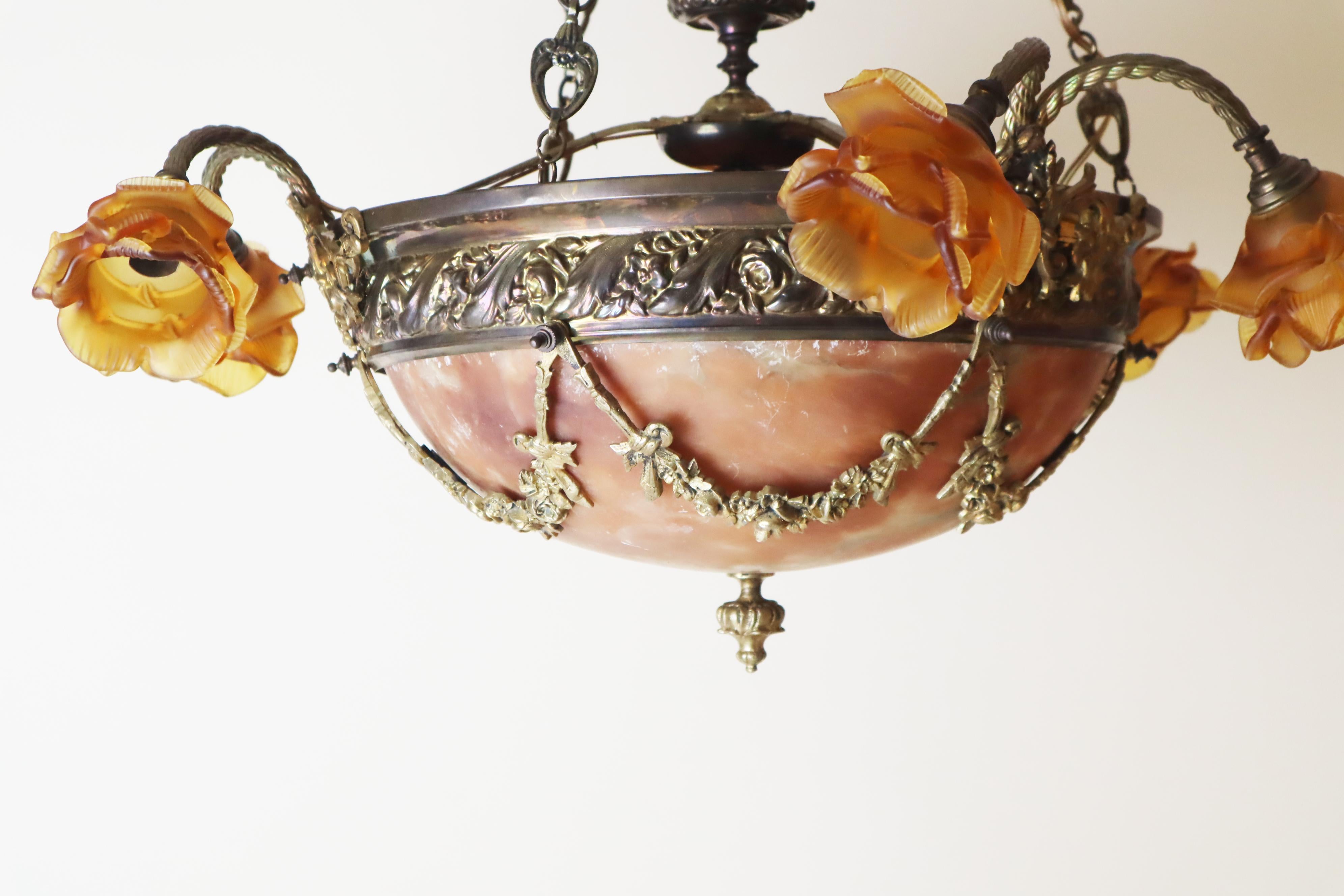 Brass Art Nouveau Chandelier Made of Amber Alabaster and Glass Flowers, France For Sale