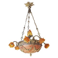 Art Nouveau Chandelier Made of Amber Alabaster and Glass Flowers, France