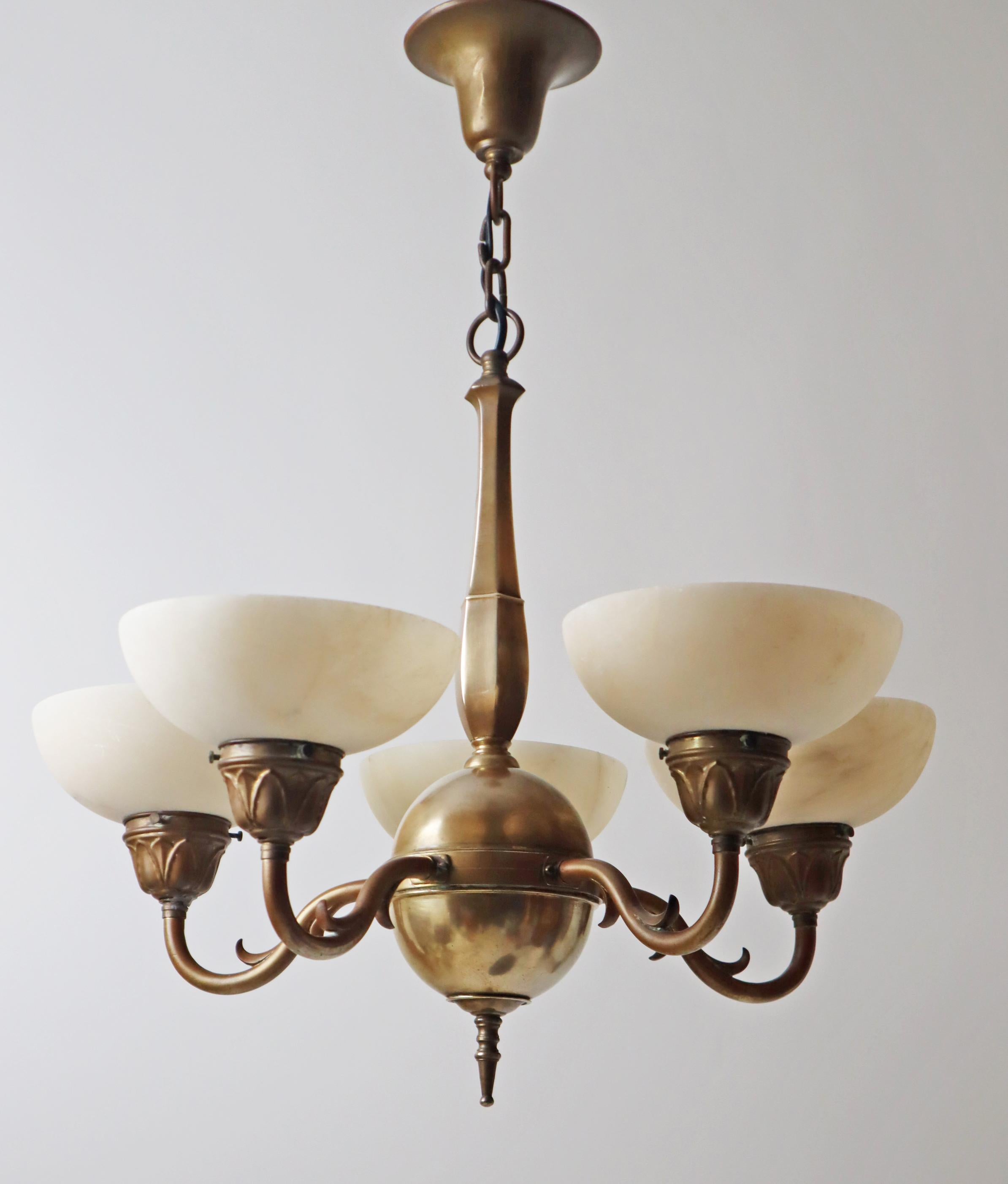 Art-Nouveau Chandelier made out of Brass and Alabaster 1920s 3