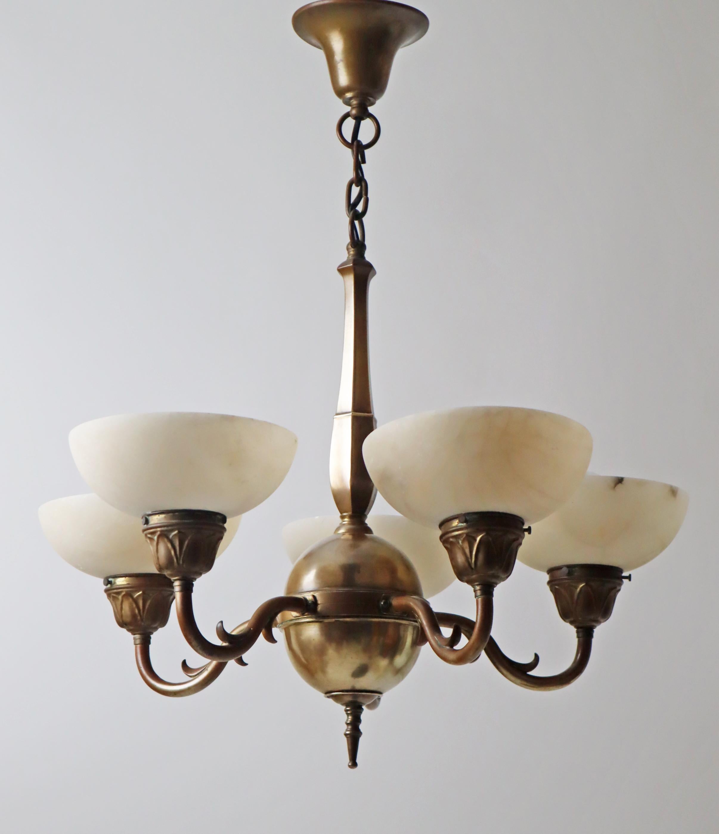 Art-Nouveau Chandelier made out of Brass and Alabaster 1920s 4