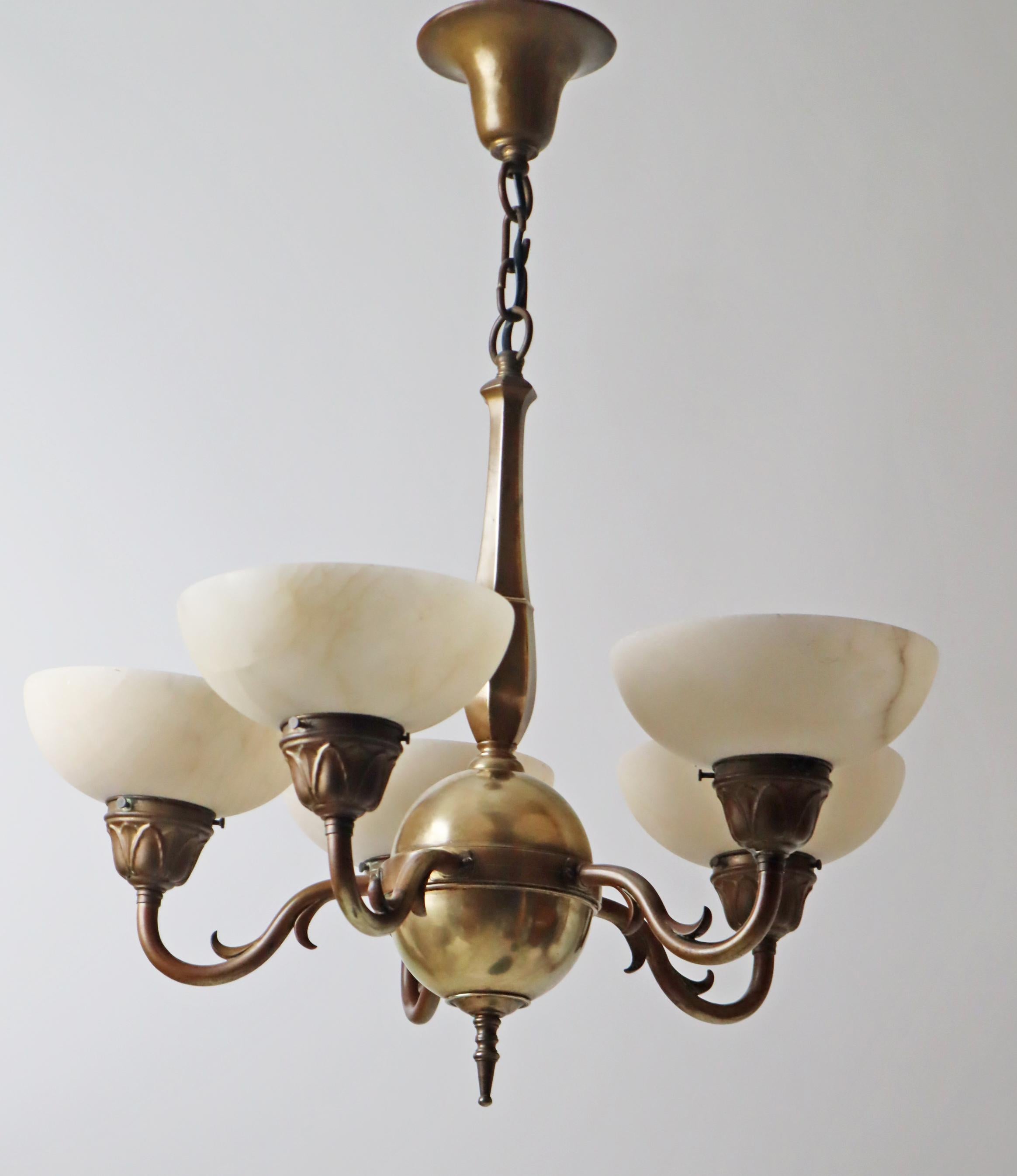 Art-Nouveau Chandelier made out of Brass and Alabaster 1920s 5