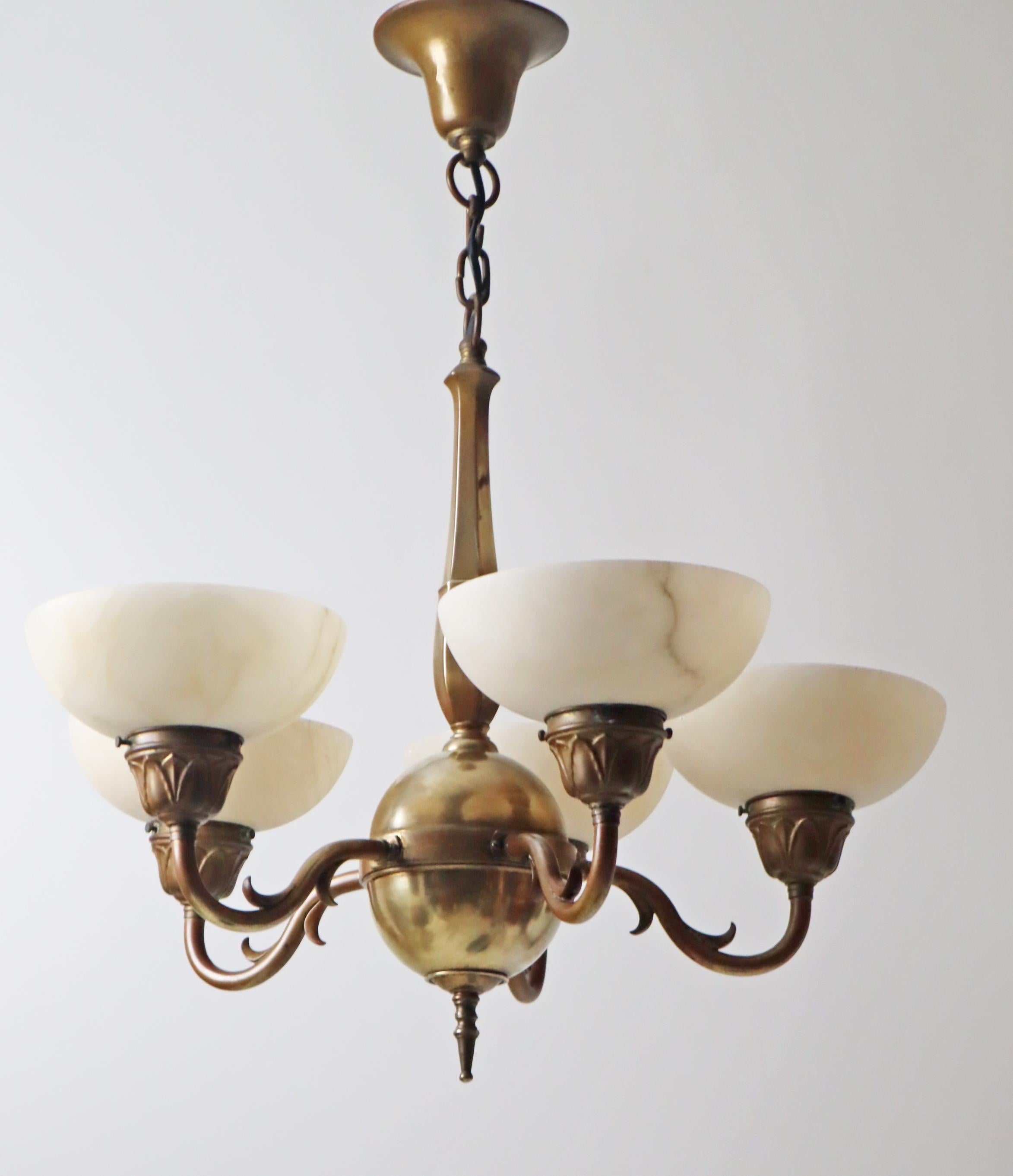 Art-Nouveau Chandelier made out of Brass and Alabaster 1920s 6
