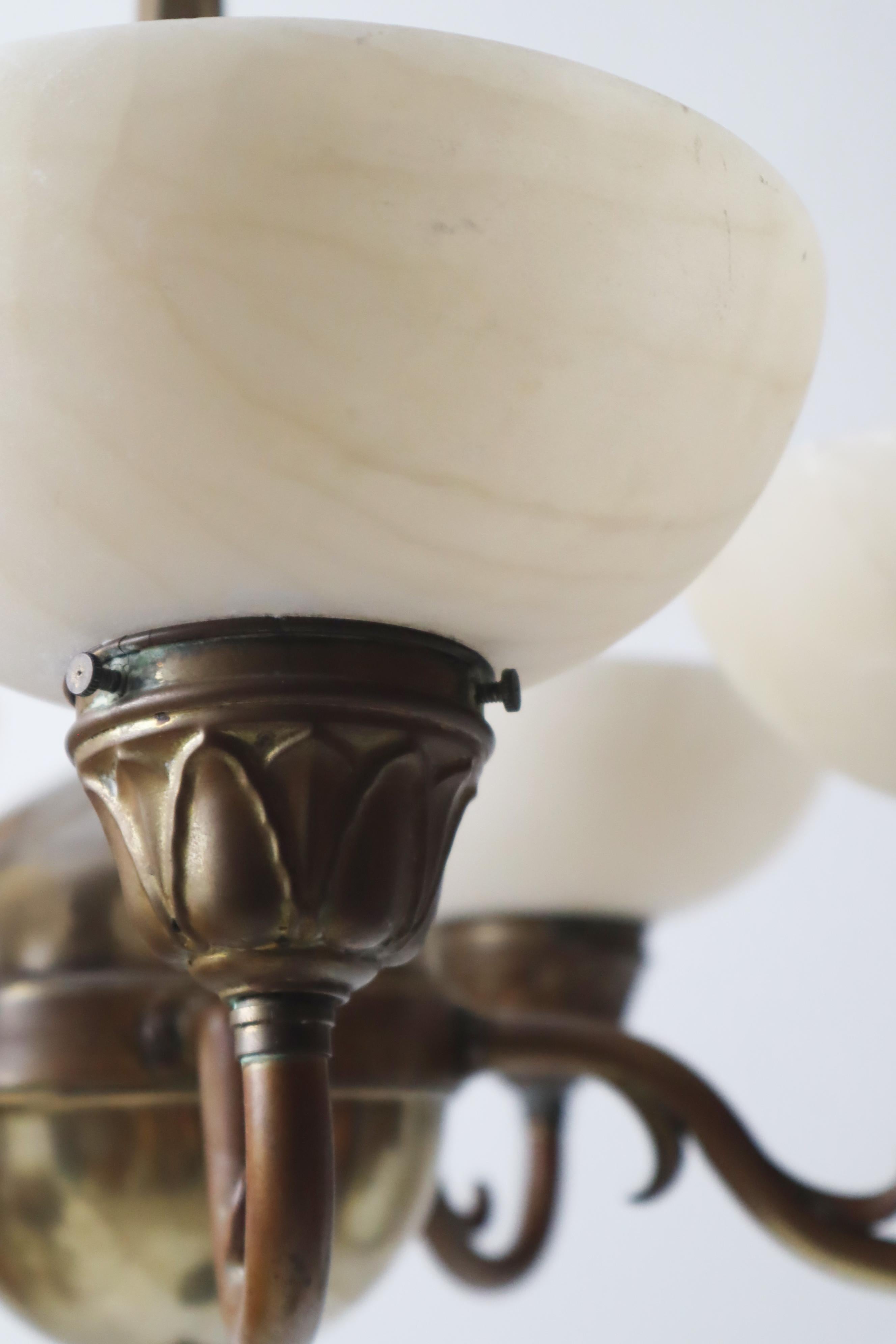 Art-Nouveau Chandelier made out of Brass and Alabaster 1920s 9