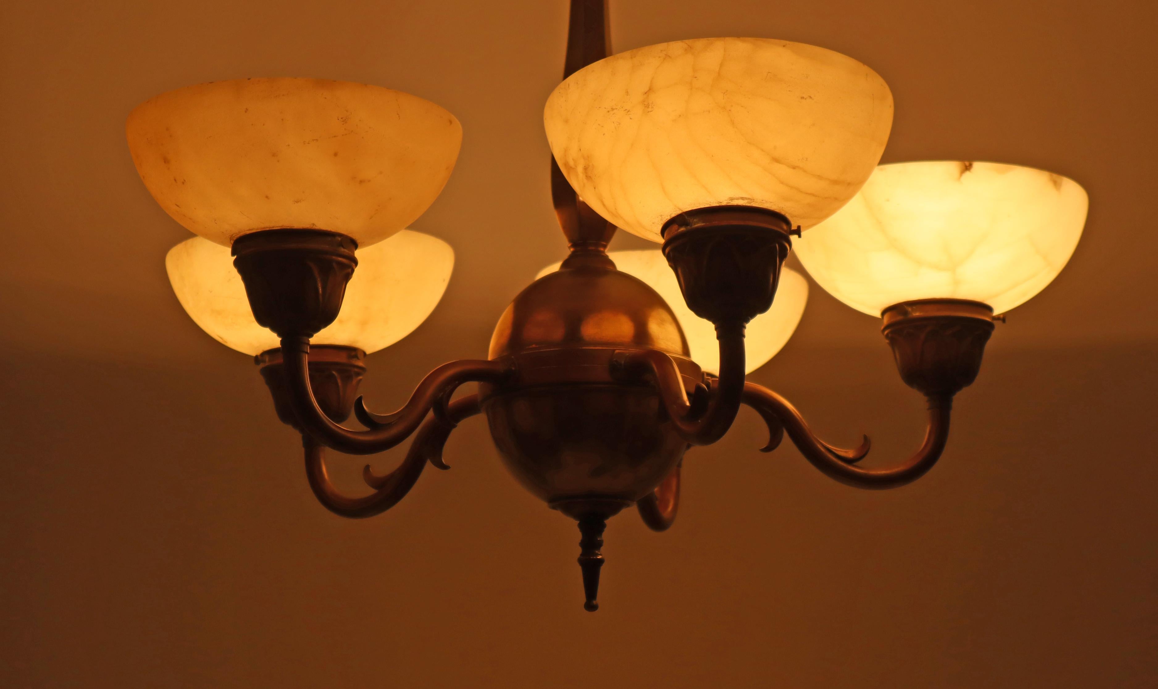 Art Nouveau Art-Nouveau Chandelier made out of Brass and Alabaster 1920s