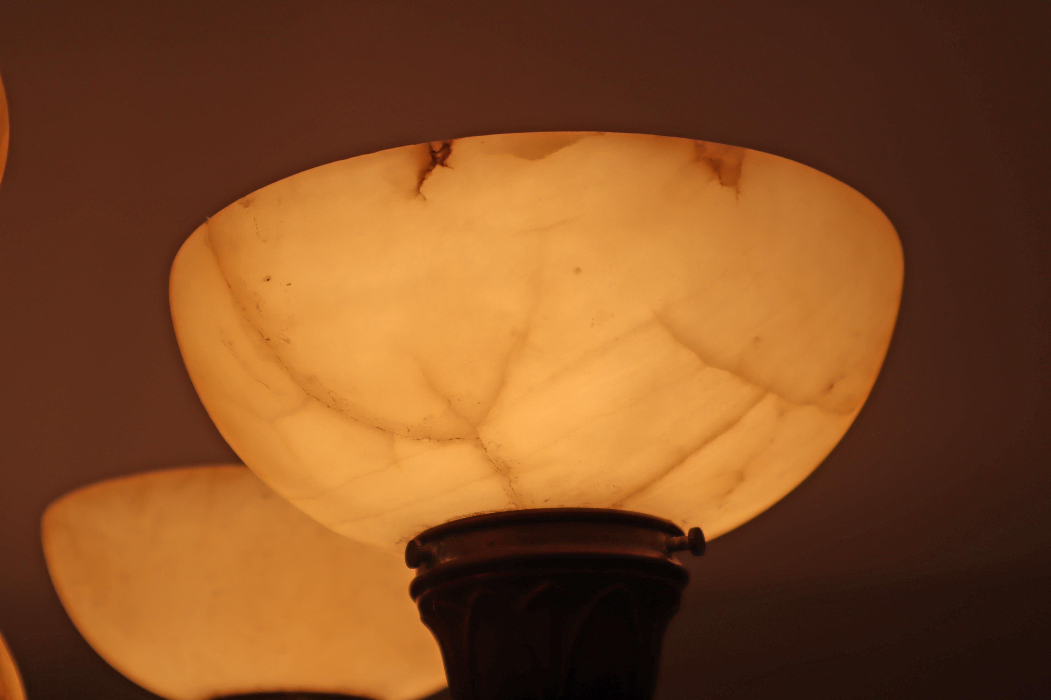 French Art-Nouveau Chandelier made out of Brass and Alabaster 1920s