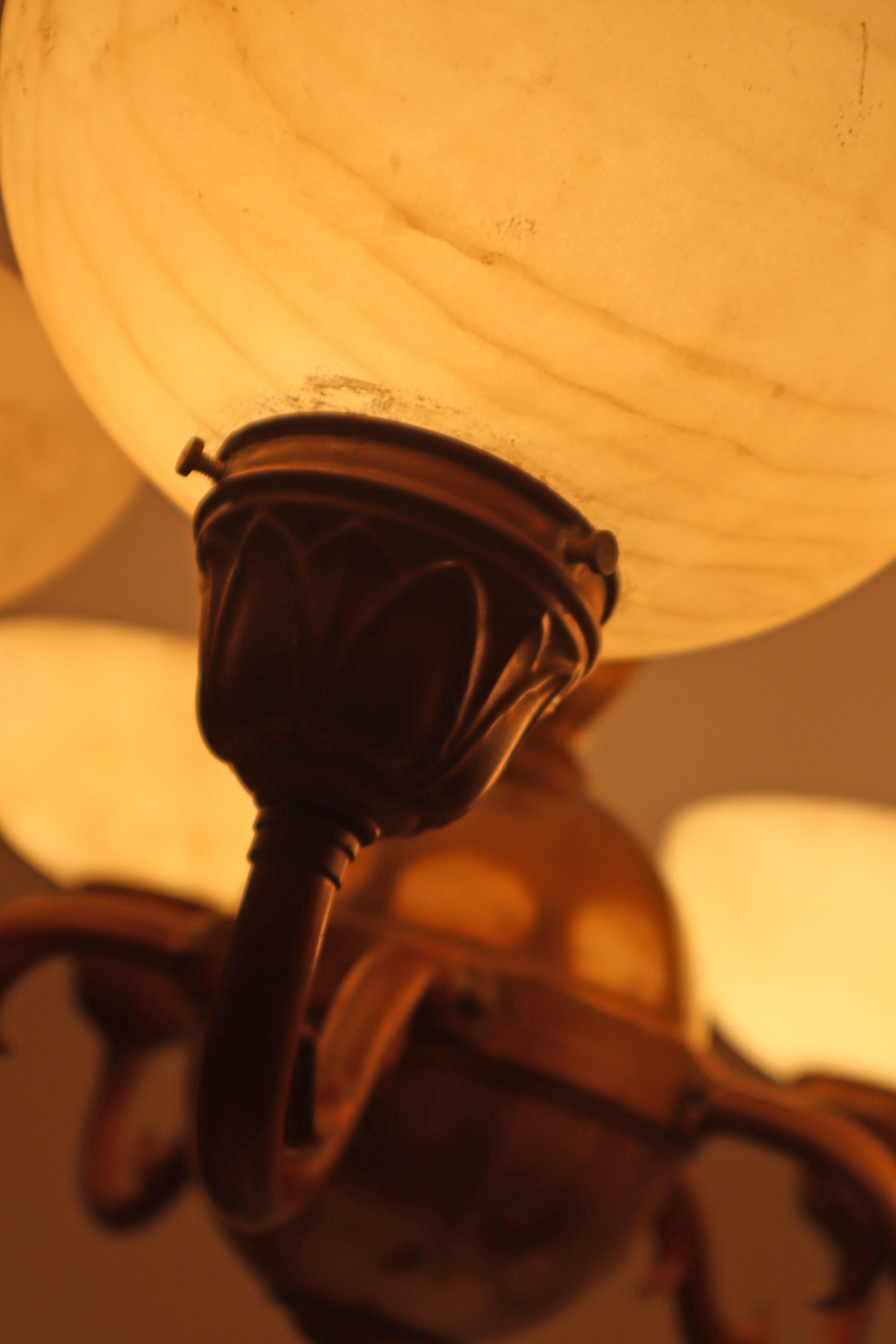 Hand-Crafted Art-Nouveau Chandelier made out of Brass and Alabaster 1920s