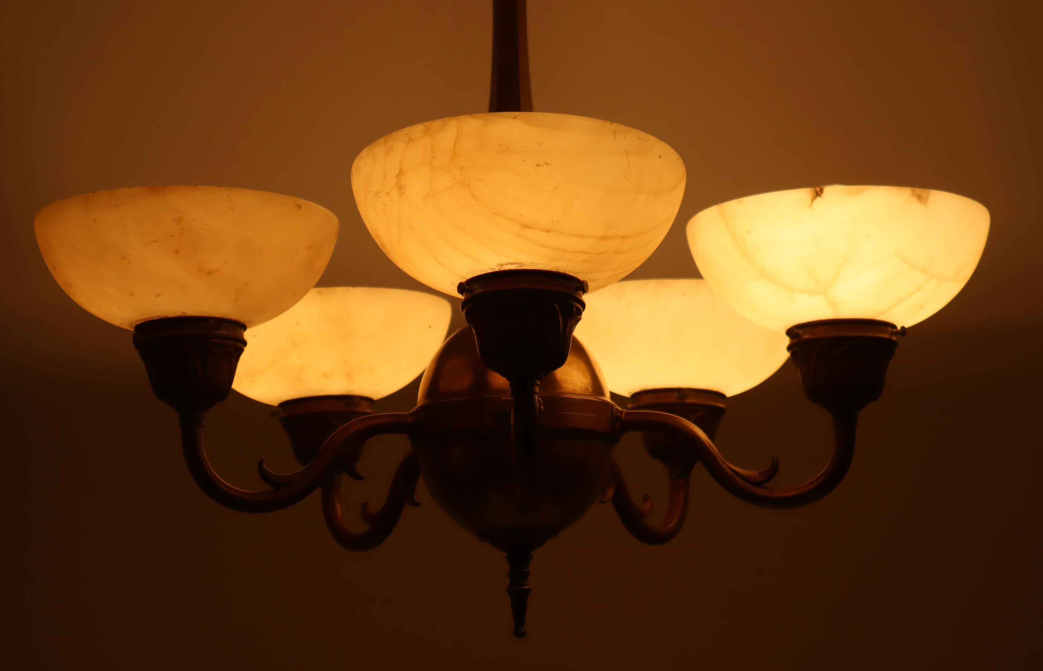 Art-Nouveau Chandelier made out of Brass and Alabaster 1920s In Good Condition In Hannover, DE