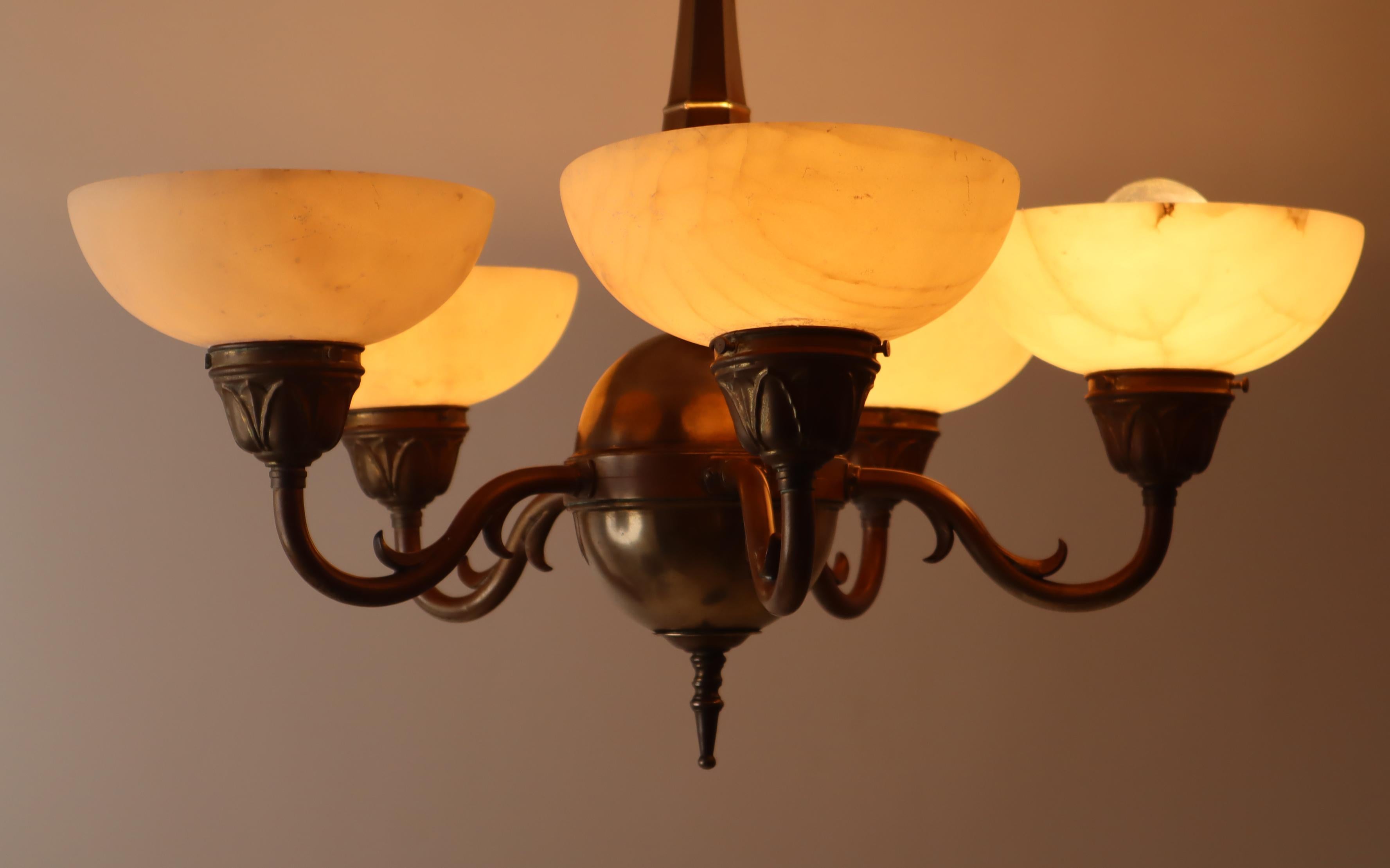 Early 20th Century Art-Nouveau Chandelier made out of Brass and Alabaster 1920s