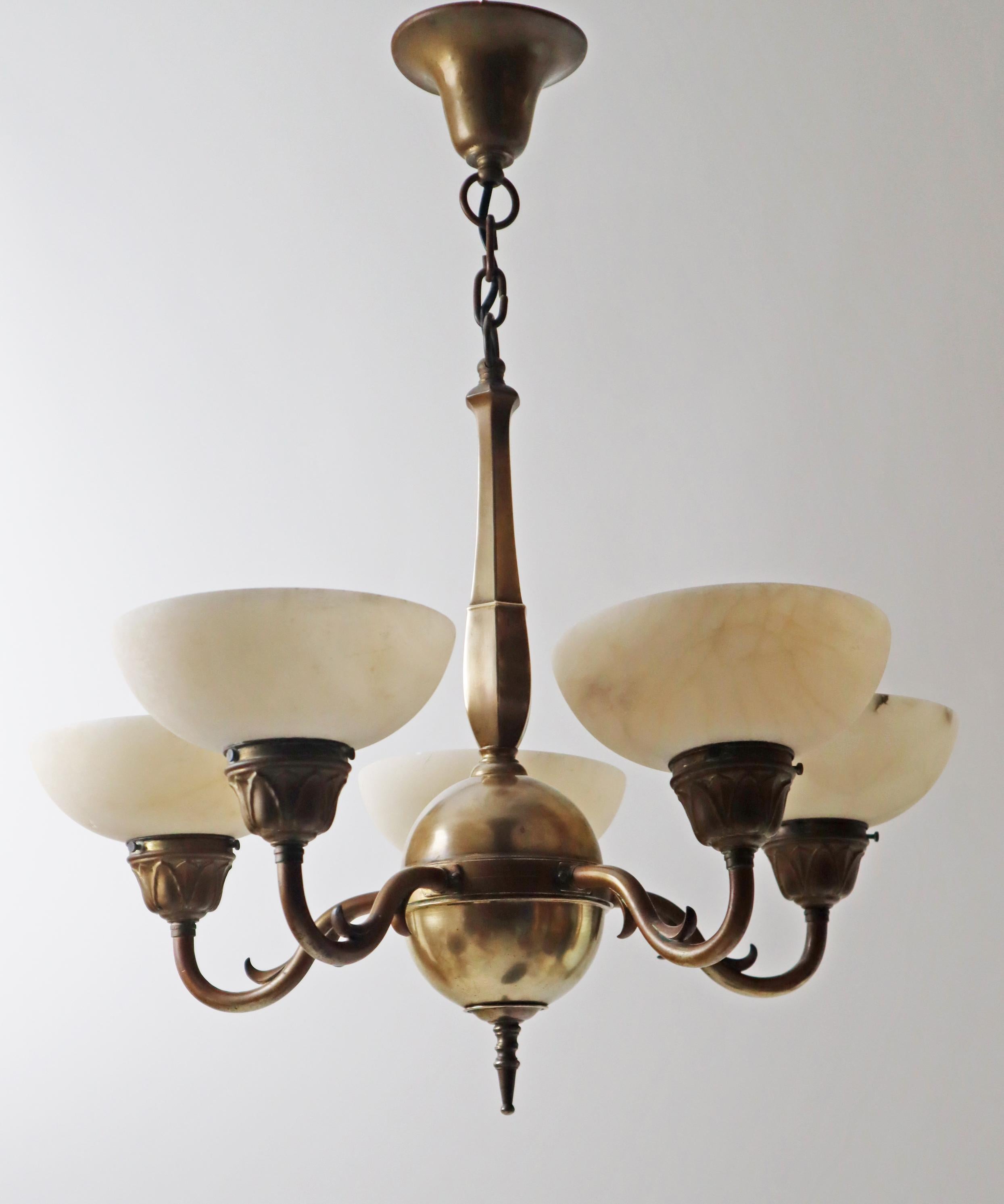 Art-Nouveau Chandelier made out of Brass and Alabaster 1920s 2