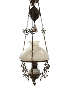 Art Nouveau Chandelier Oil Lamp Ceiling Light Antique German Counterweight 1890s