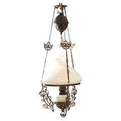 Art Nouveau Chandelier Oil Lamp Ceiling Light Antique German Counterweight 1890s