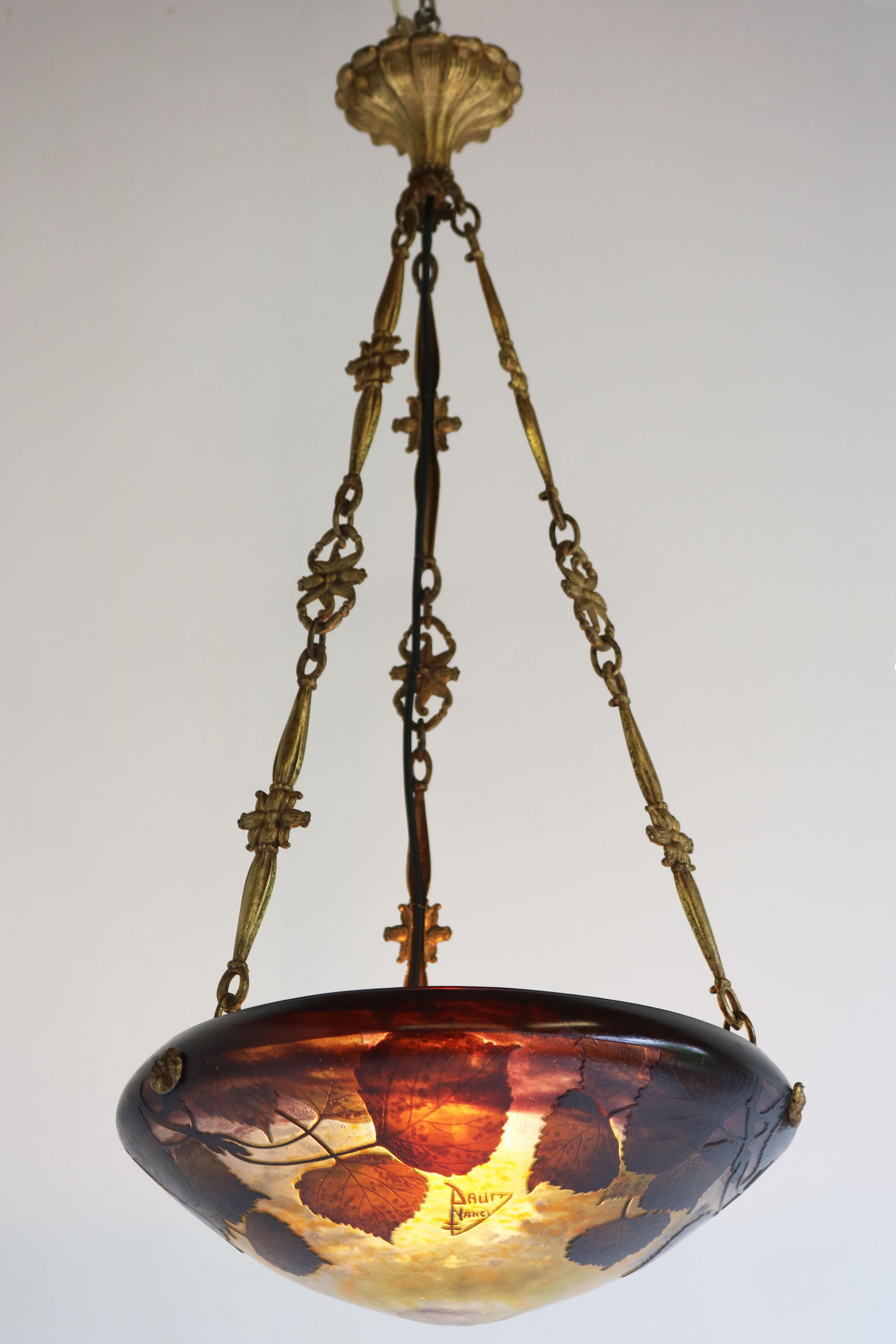 French Art nouveau Chandelier / Pendant light by Daum Nancy & A. Petitot 1910 France For Sale