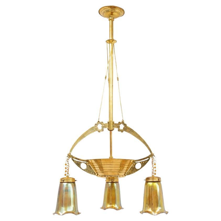 Art Nouveau chandelier with Johann Loetz Witwe glass ca. 1900