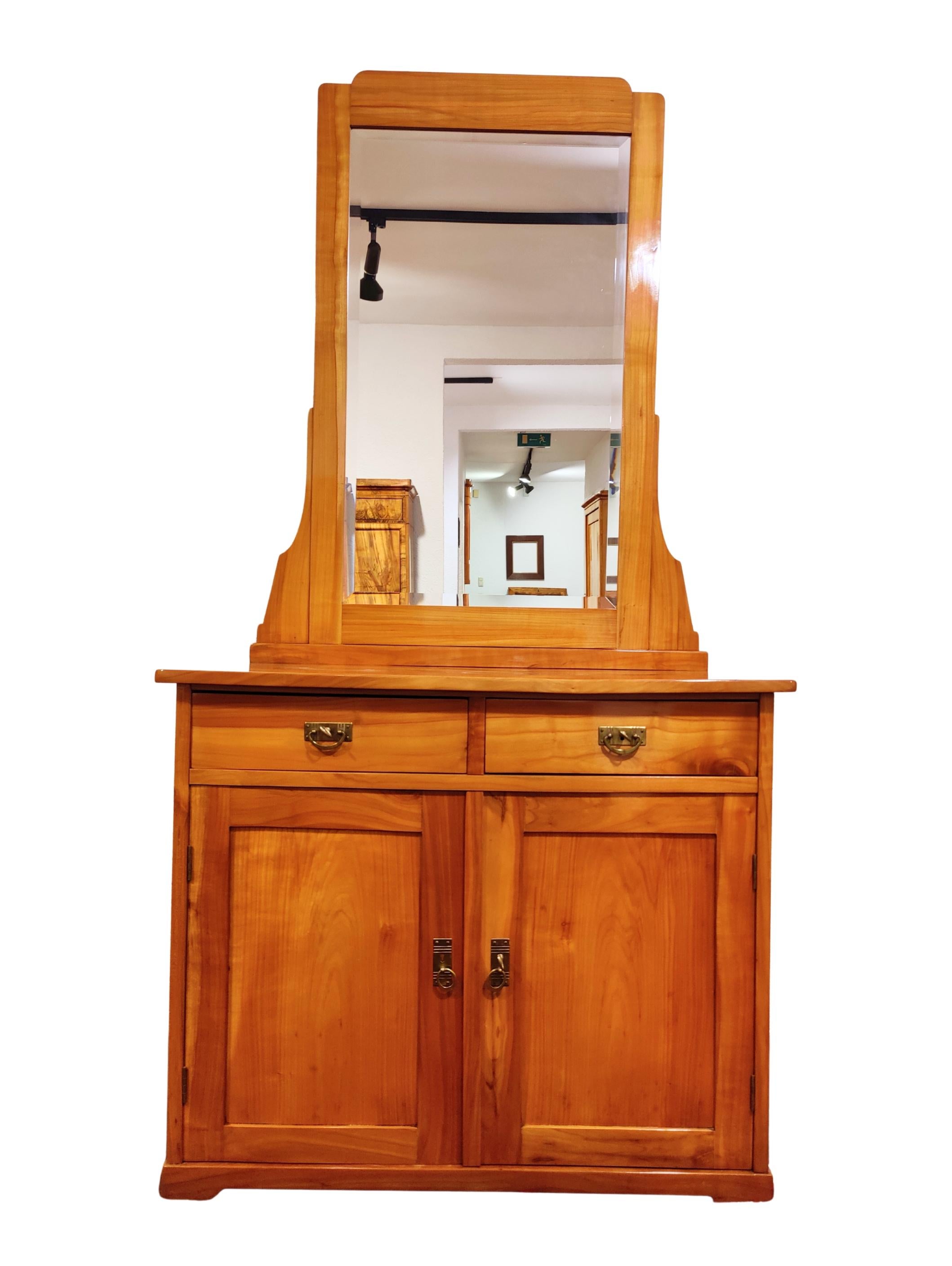 Early 20th Century Large Art Nouveau Cherrywood Cabinet with Facetted Mirror, circa 1905 For Sale