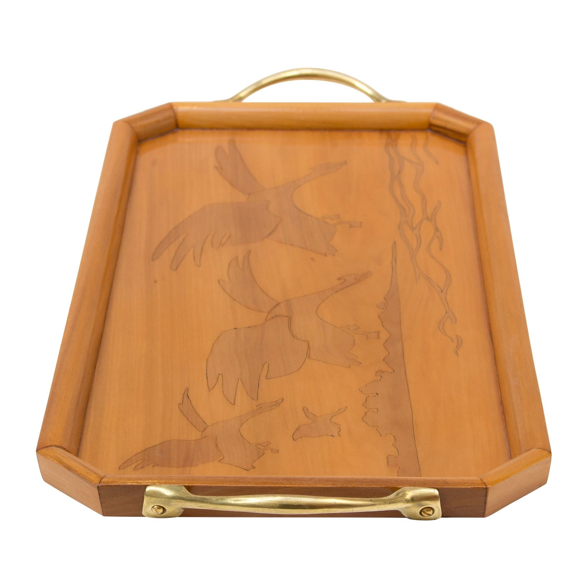 Polished Art Nouveau Cherrywood / Brass Tray For Sale