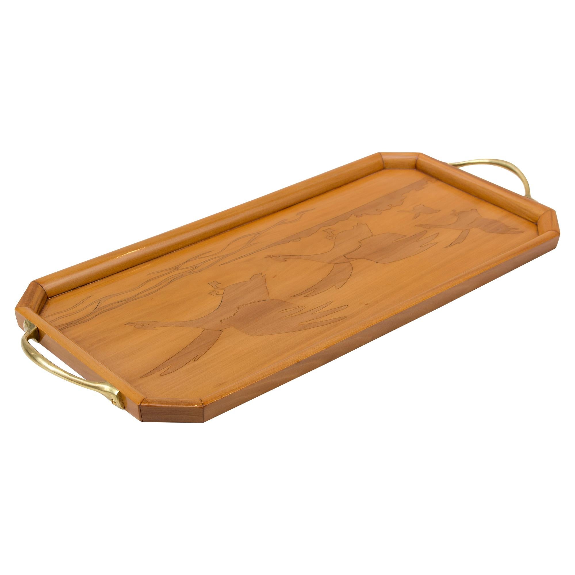 Art Nouveau Cherrywood / Brass Tray In Good Condition For Sale In Darmstadt, DE