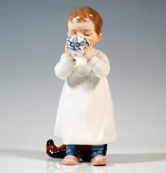 Art Nouveau Child Figurine, Hentschelkind, Boy Drinking From Meissen Cup, c 1905