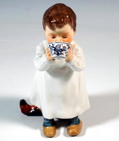 Art Nouveau Child Figurine, Hentschelkind, Boy Drinking From Meissen Cup, c 1905