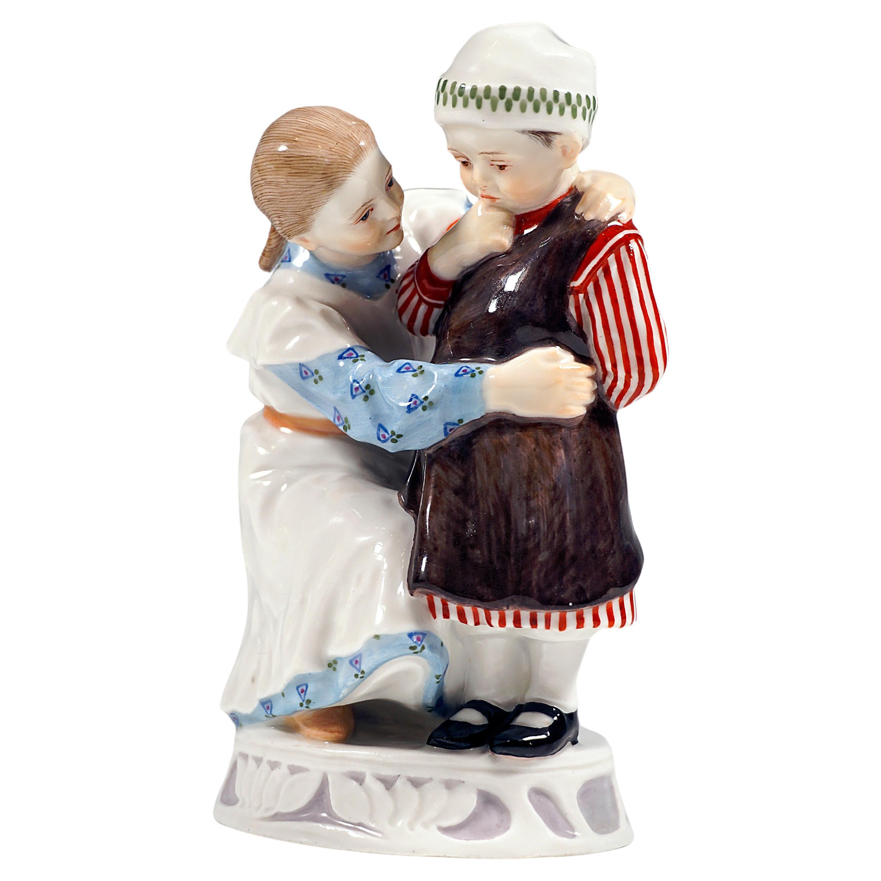 Art Nouveau Children Group Girl With Child A. Koenig, Meissen Germany, c 1905 For Sale