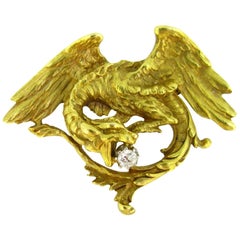 Art Nouveau Chimera Griffin Dragon Diamond Yellow Gold Platinum Pin Brooch