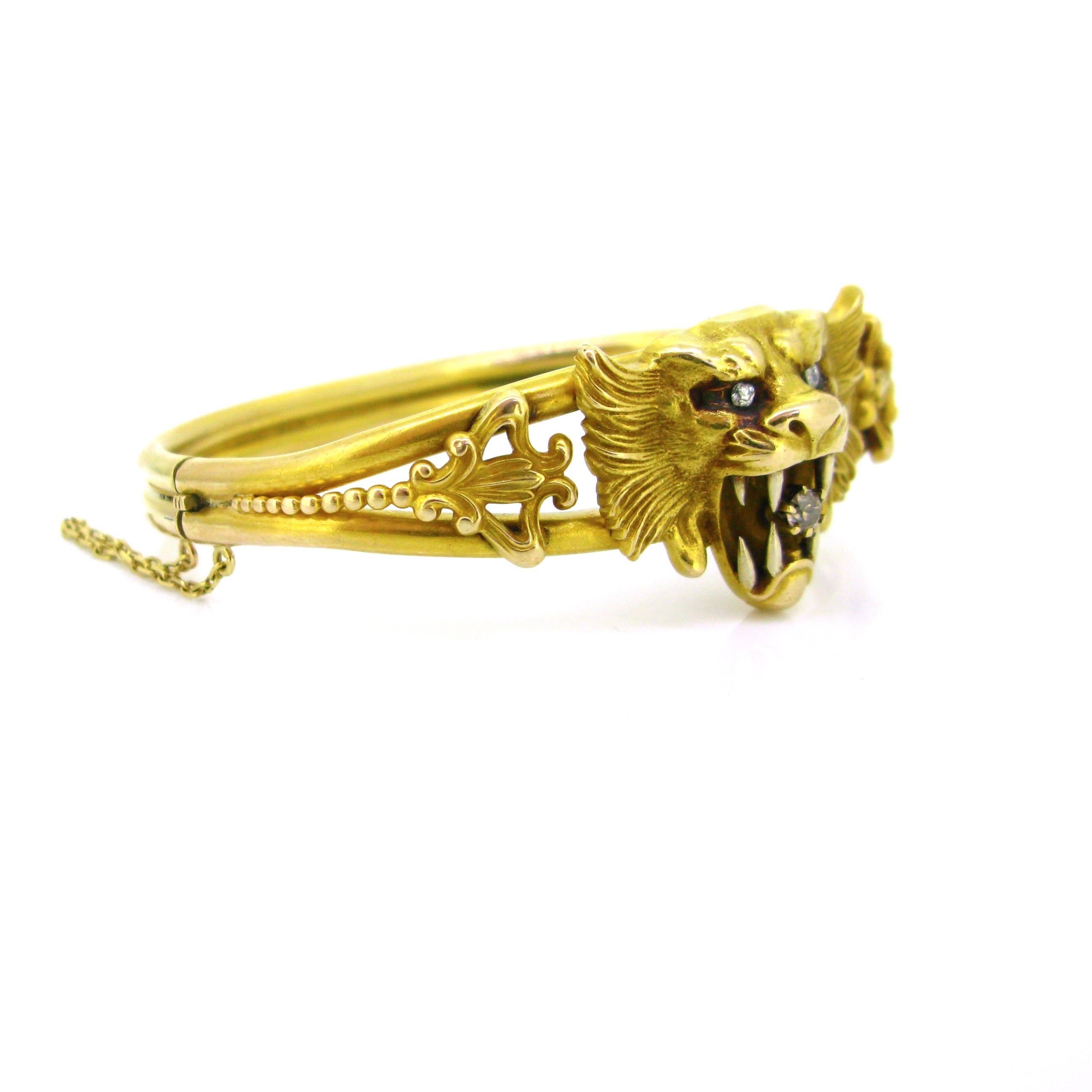 Art Nouveau Chimera Lion Diamonds Yellow Gold Bangle Bracelet In Good Condition In London, GB