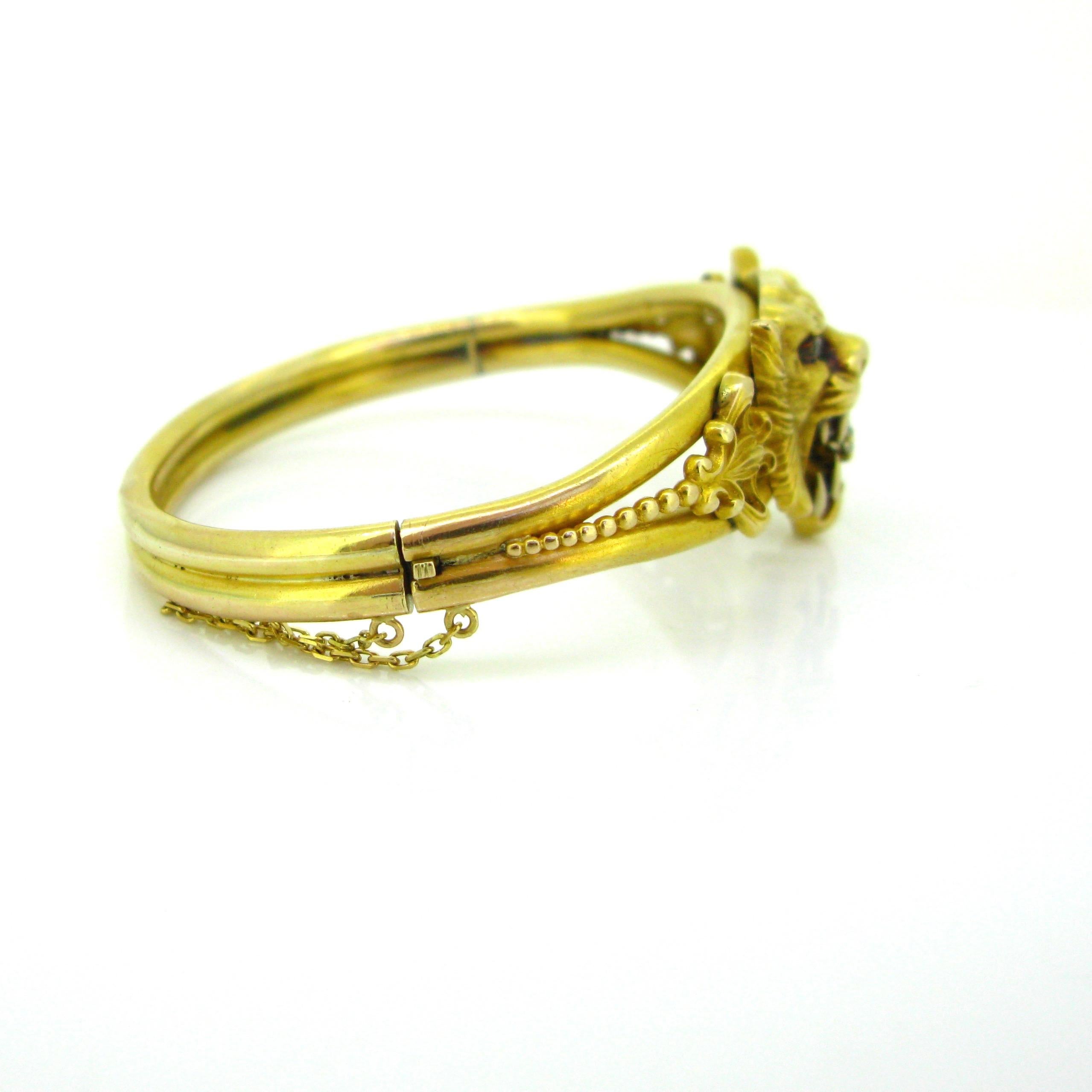 Women's or Men's Art Nouveau Chimera Lion Diamonds Yellow Gold Bangle Bracelet