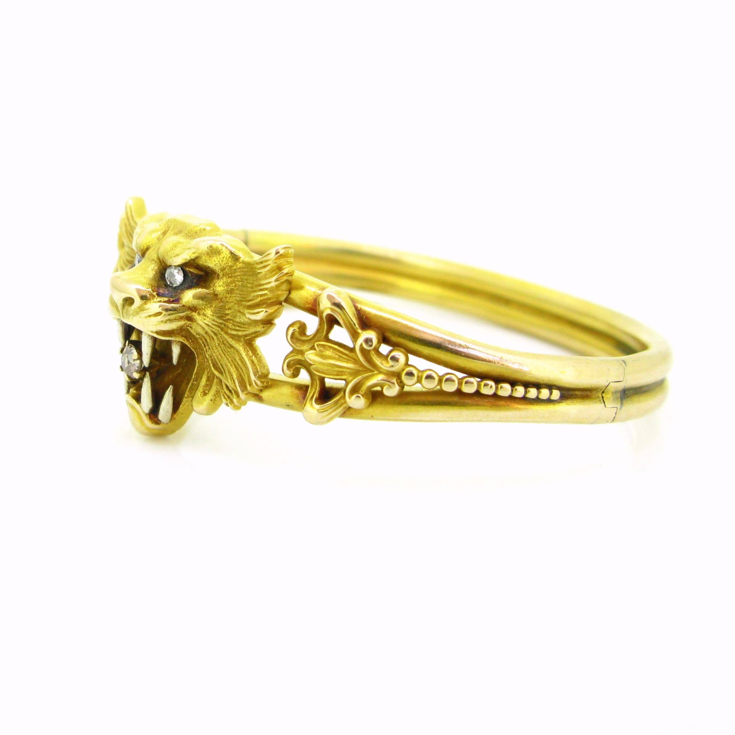 Art Nouveau Chimera Lion Diamonds Yellow Gold Bangle Bracelet 3