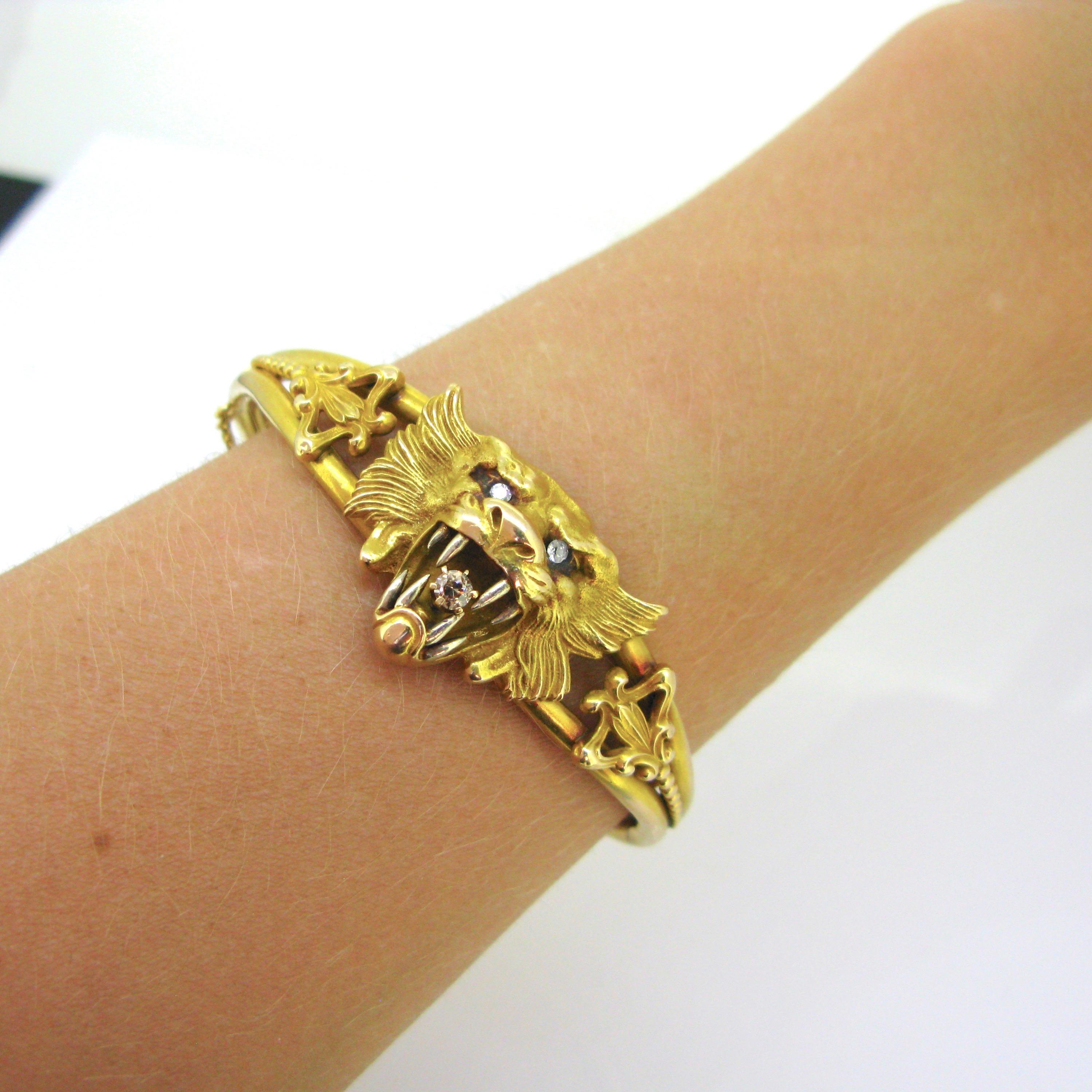 Art Nouveau Chimera Lion Diamonds Yellow Gold Bangle Bracelet 4