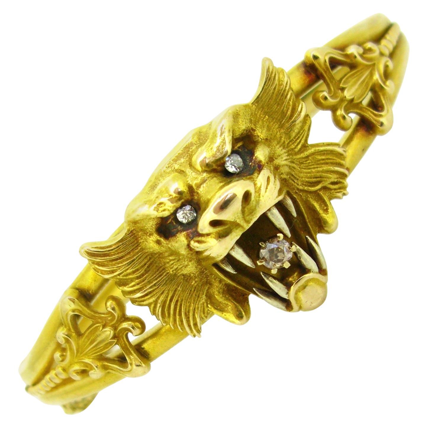 Art Nouveau Chimera Lion Diamonds Yellow Gold Bangle Bracelet