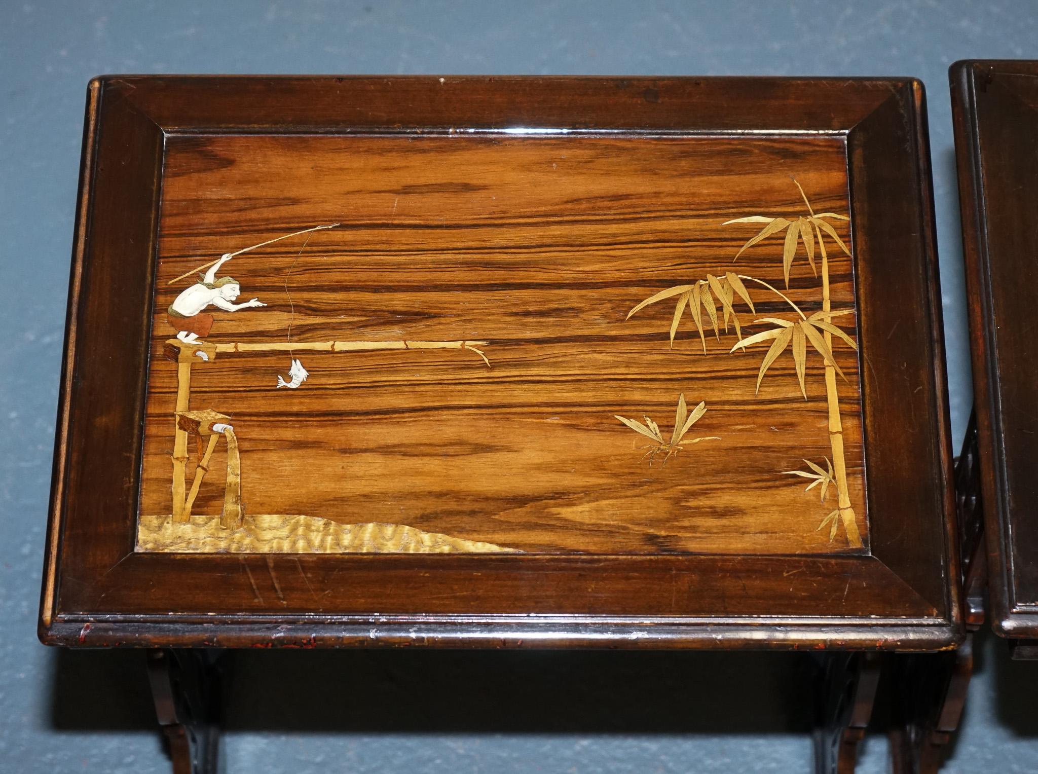 ART NOUVEAU CHINESE EXPORT NESTiNG TABLES PIERCED FRETWORK BONE & ABALONE C 1900 For Sale 3