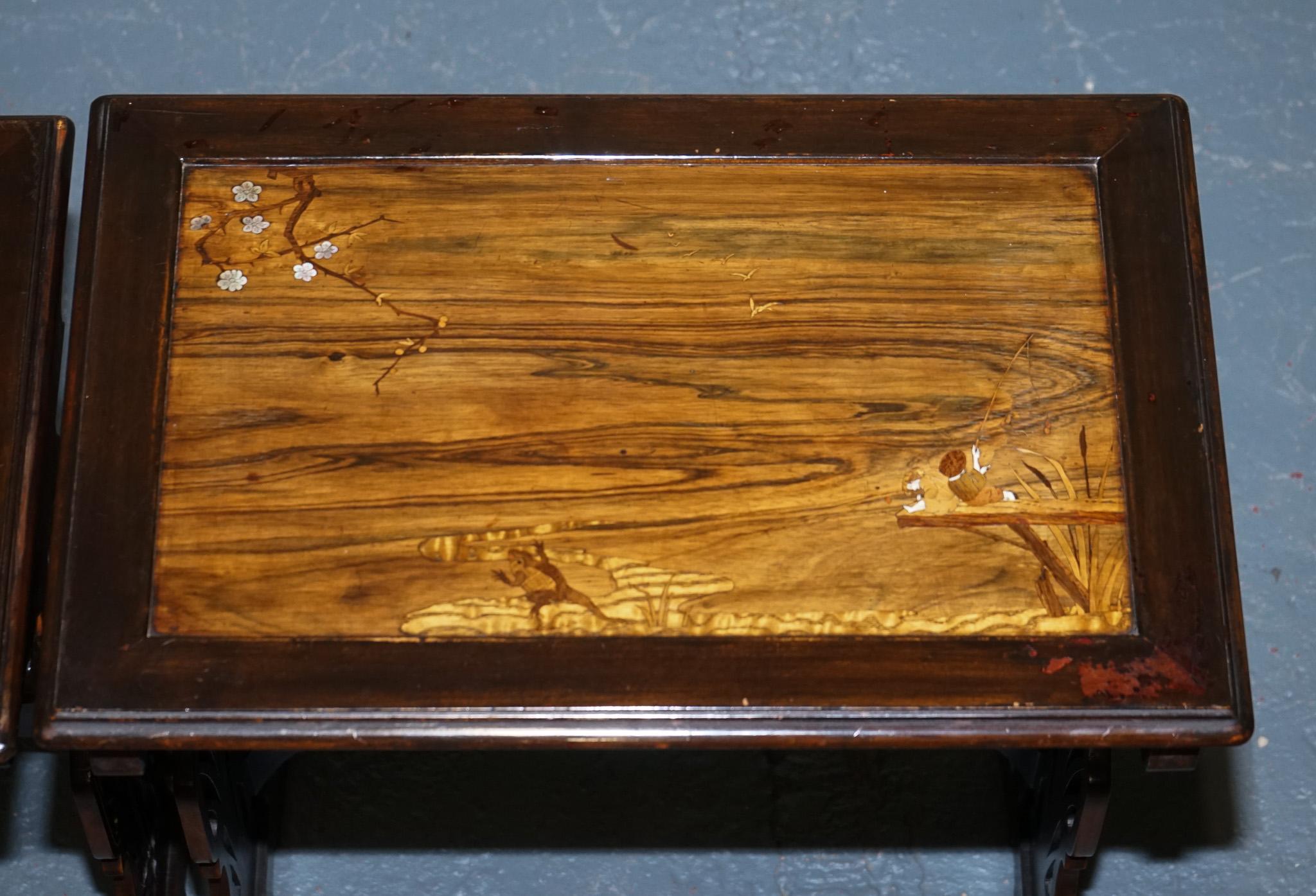 ART NOUVEAU CHINESE EXPORT NESTiNG TABLES PIERCED FRETWORK BONE & ABALONE C 1900 For Sale 4