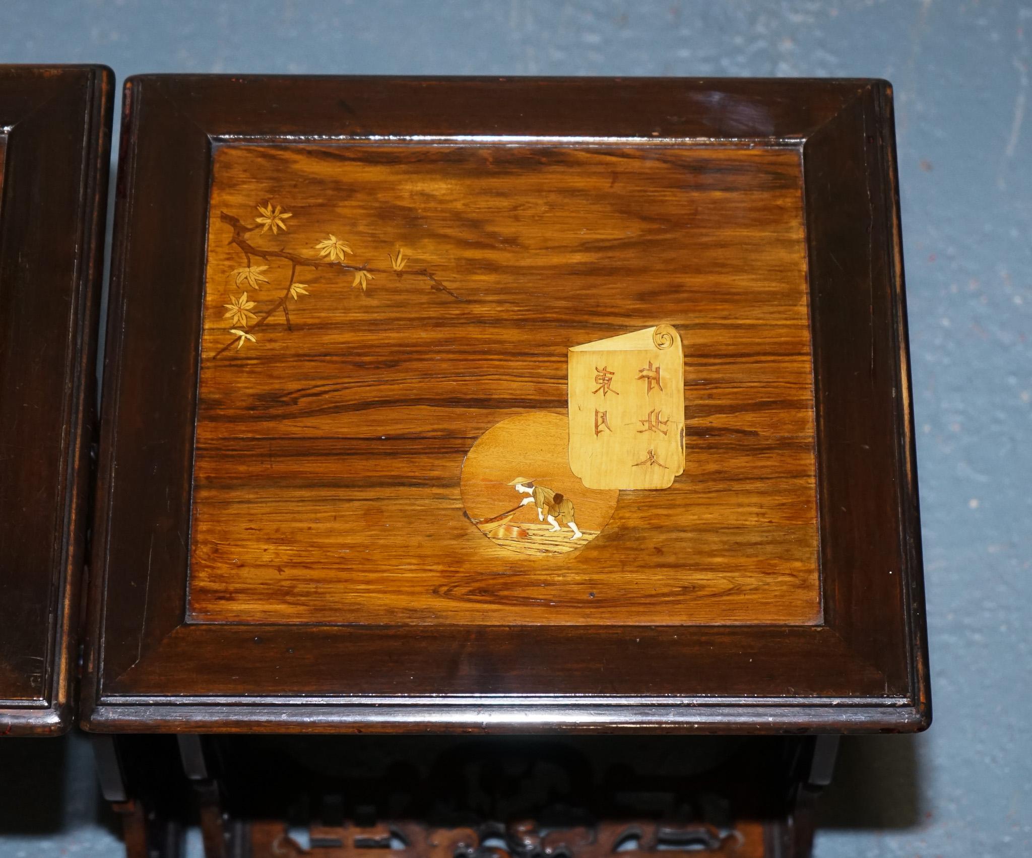 ART NOUVEAU CHINESE EXPORT NESTiNG TABLES PIERCED FRETWORK BONE & ABALONE C 1900 For Sale 5