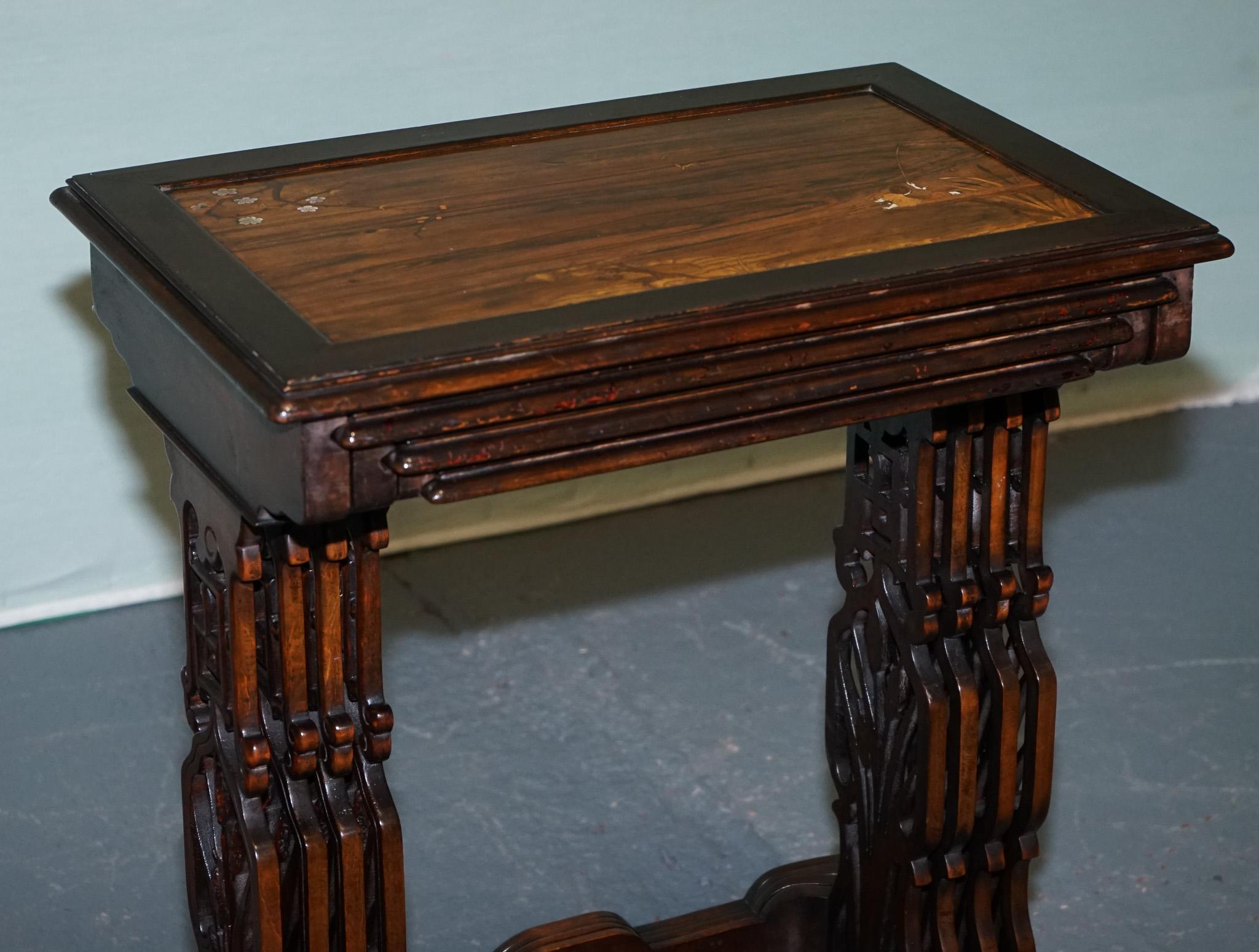 ART NOUVEAU CHINESE EXPORT NESTiNG TABLES PIERCED FRETWORK BONE & ABALONE C 1900 For Sale 7