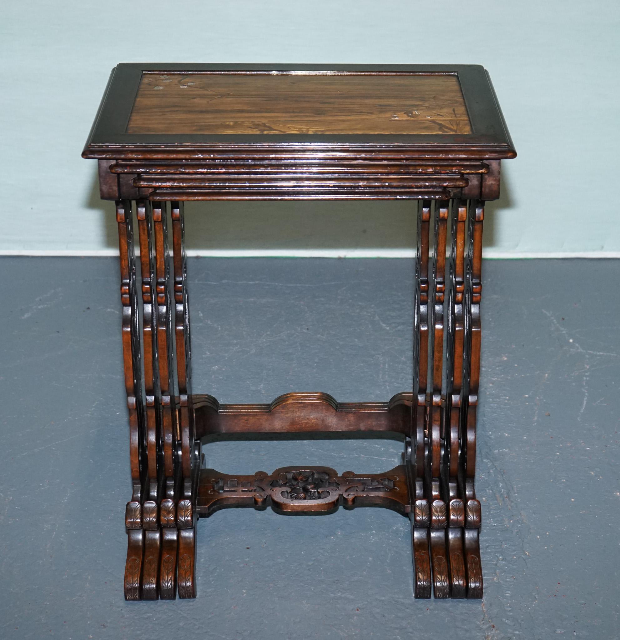 ART NOUVEAU CHINESE EXPORT NESTiNG TABLES PIERCED FRETWORK BONE & ABALONE C 1900 For Sale 8