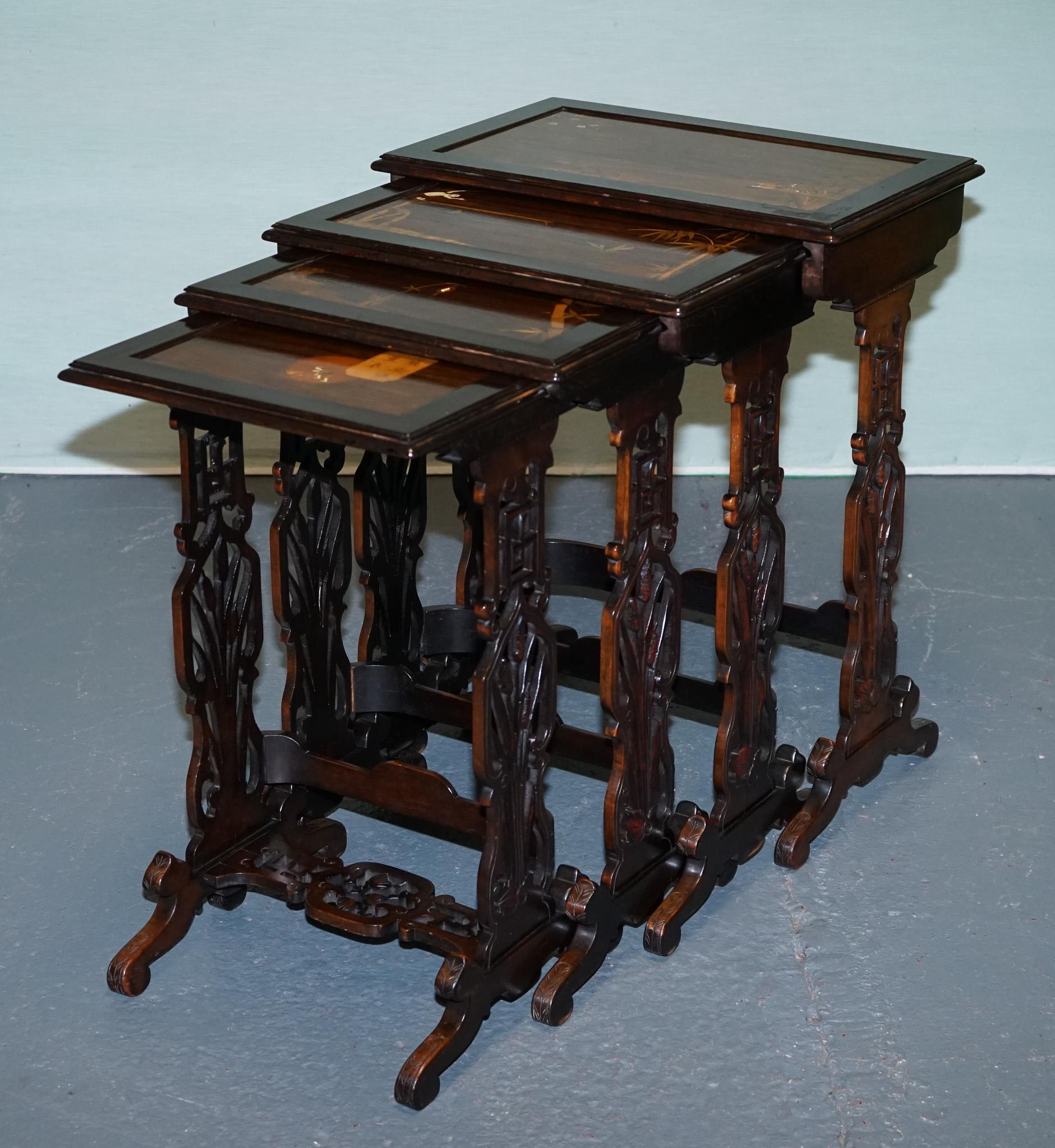 
Antiques of London



A superb quartetto set of four Chinese export nesting tables from the Art Nouveau period, circa 1900. Each table is finely crafted with elegantly pierced fretwork legs and organic motifs, reflecting the sinuous,
