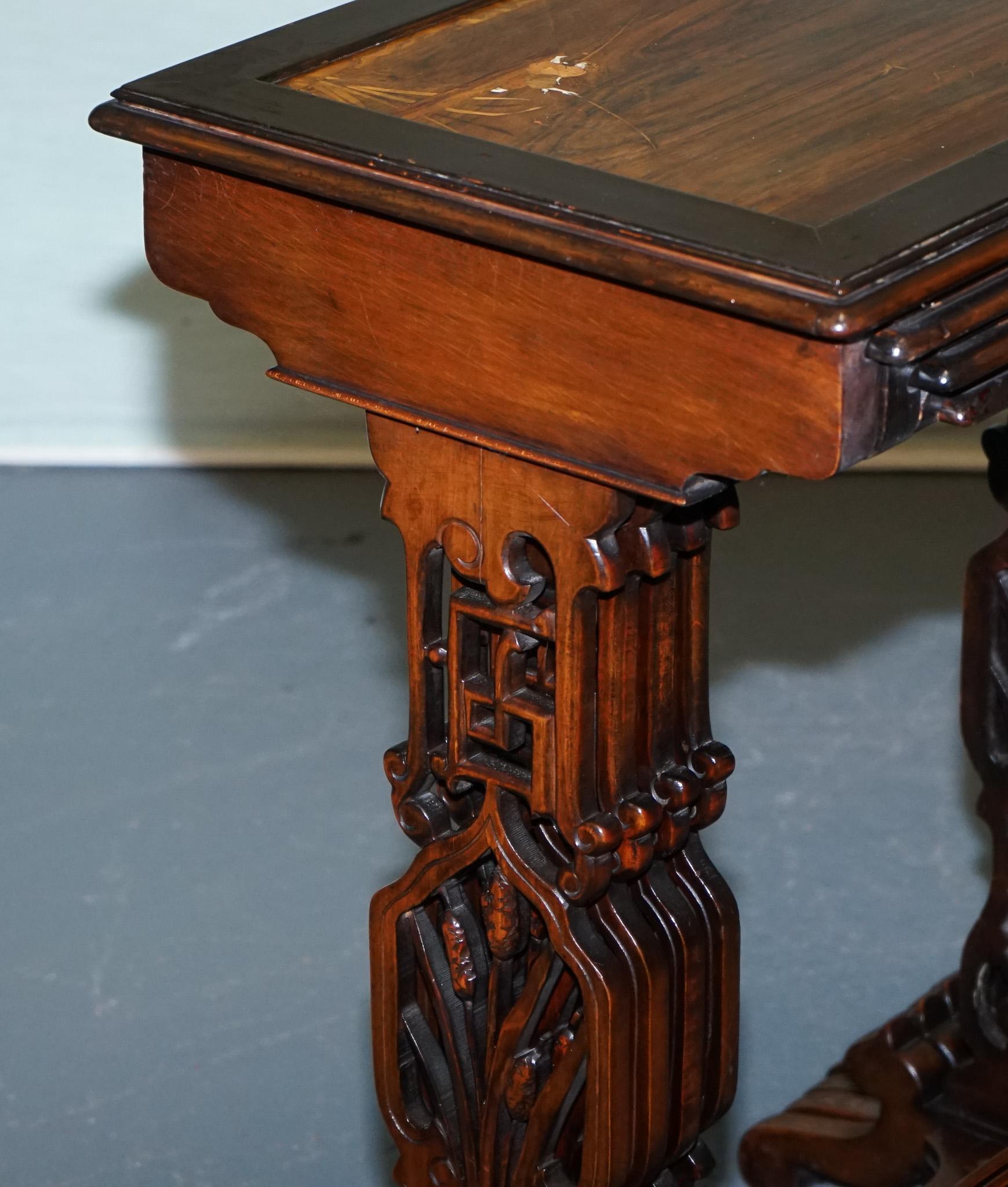 Hardwood ART NOUVEAU CHINESE EXPORT NESTiNG TABLES PIERCED FRETWORK BONE & ABALONE C 1900 For Sale