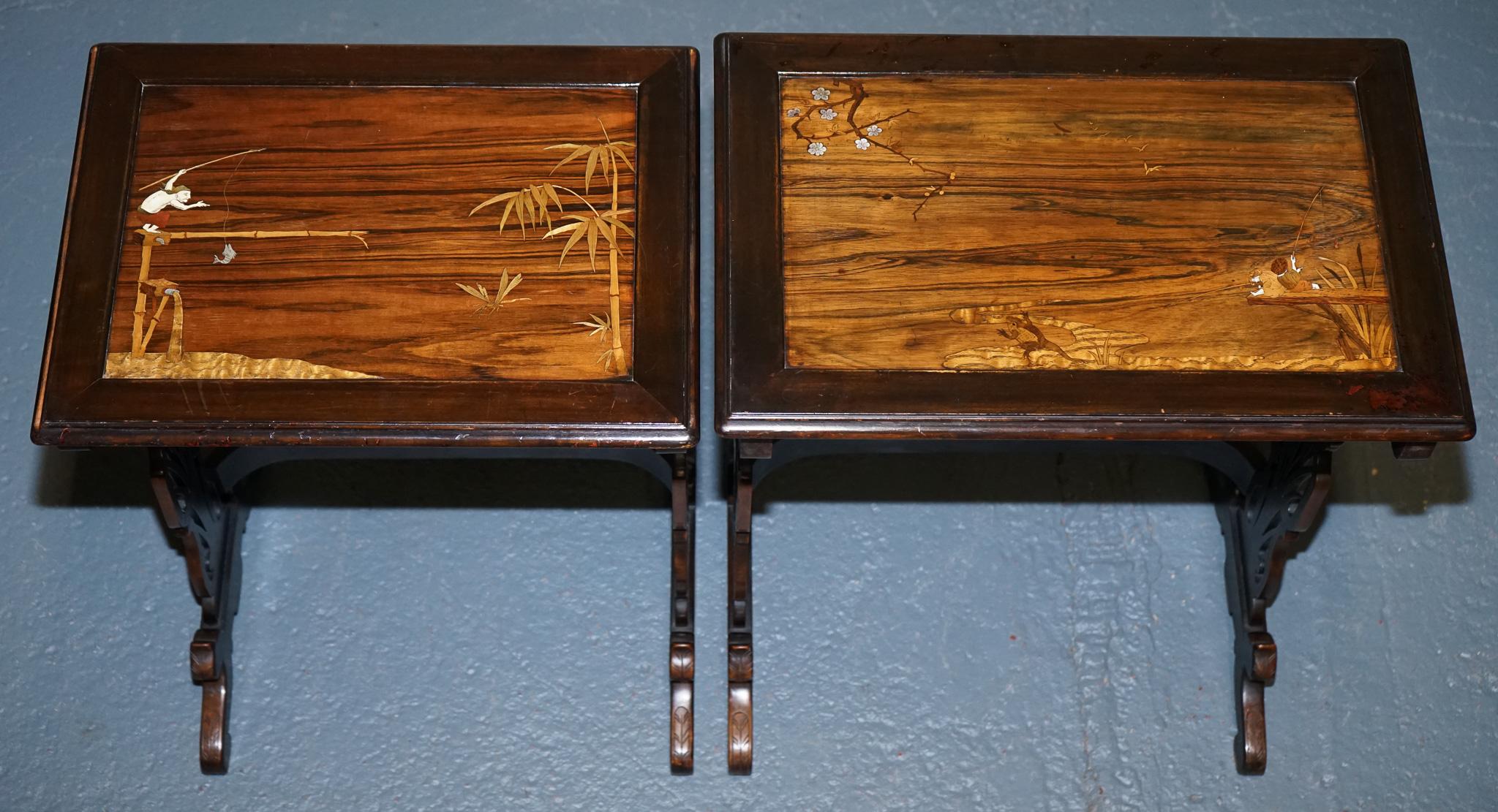 ART NOUVEAU CHINESE EXPORT NESTiNG TABLES PIERCED FRETWORK BONE & ABALONE C 1900 For Sale 1