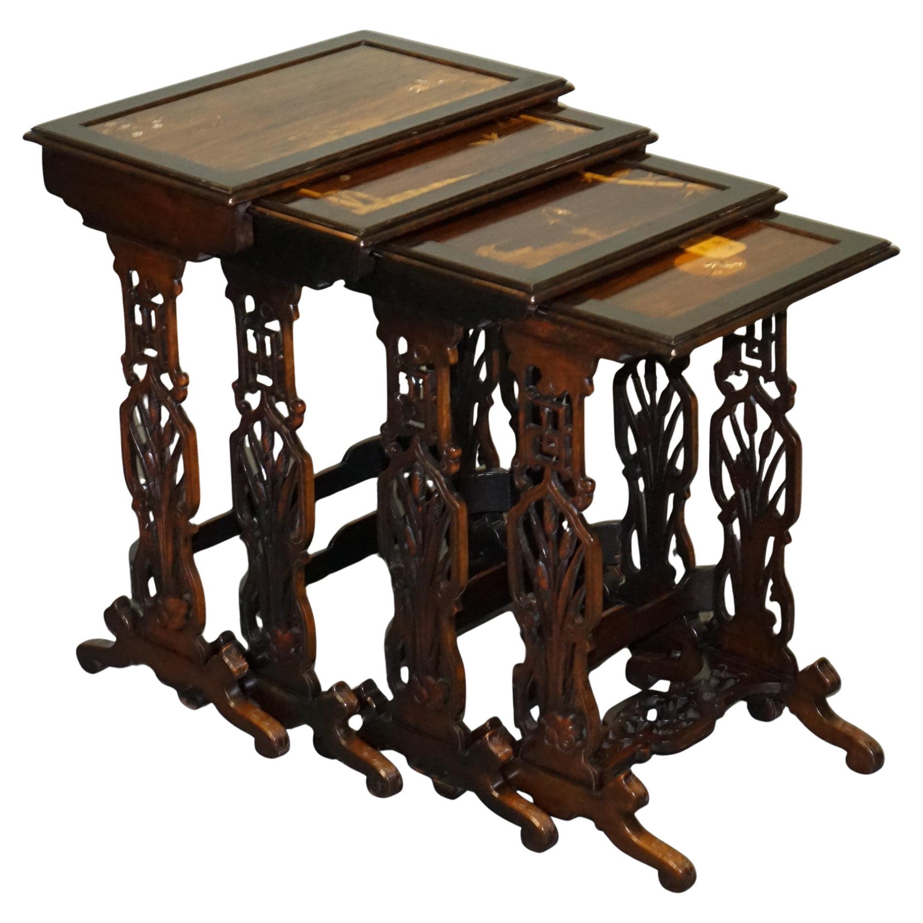 ART NOUVEAU CHINESE EXPORT NESTiNG TABLES PIERCED FRETWORK BONE & ABALONE C 1900 For Sale