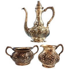 Art Nouveau Chrysanthemum by Unger Sterling Silver Demitasse Tea Set Hollowware