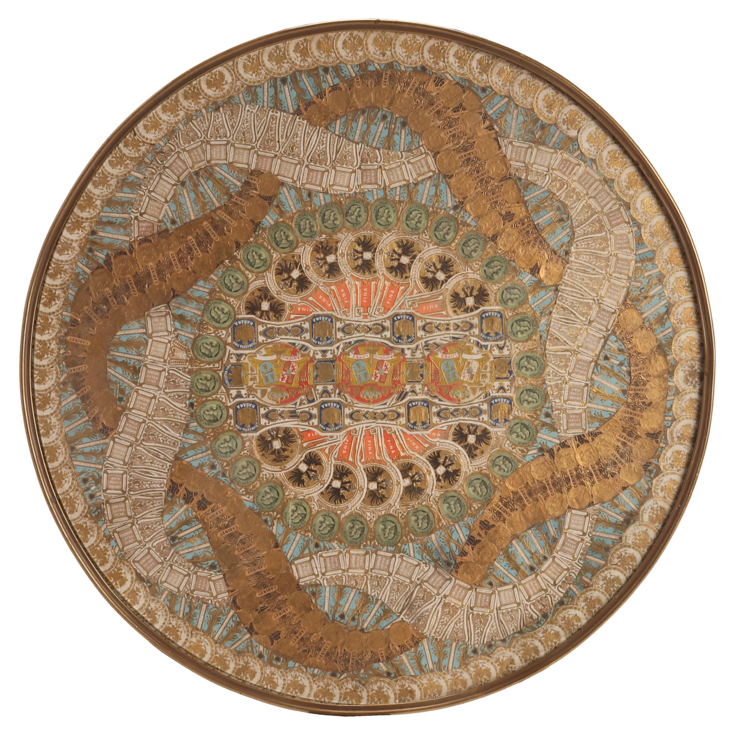 Art Nouveau Cigar Bands Decorated Glass Round Tray, Belgium, 1900 For Sale